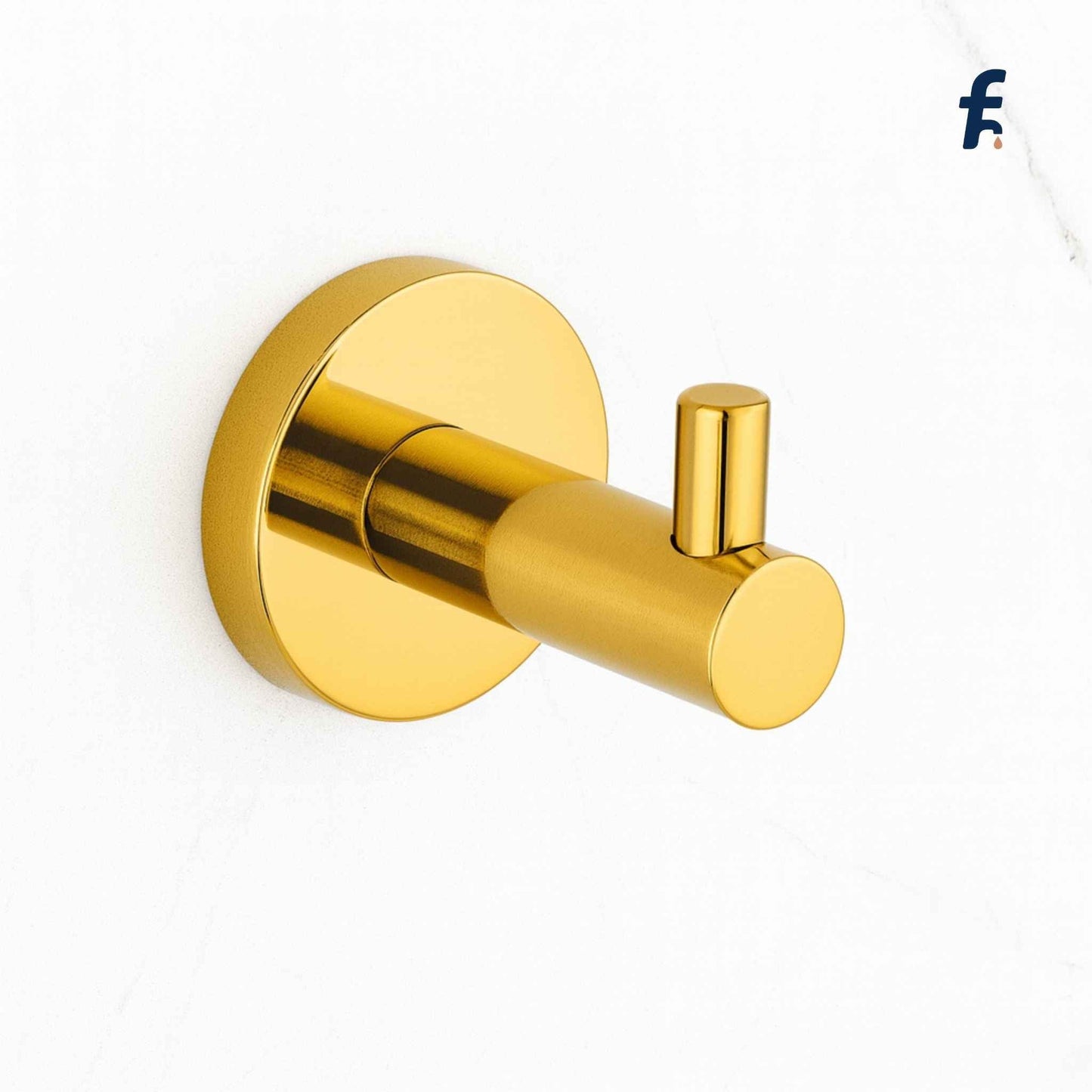 Gold robe hook on a white background Gold wall-mounted robe hook for hanging towels or robes