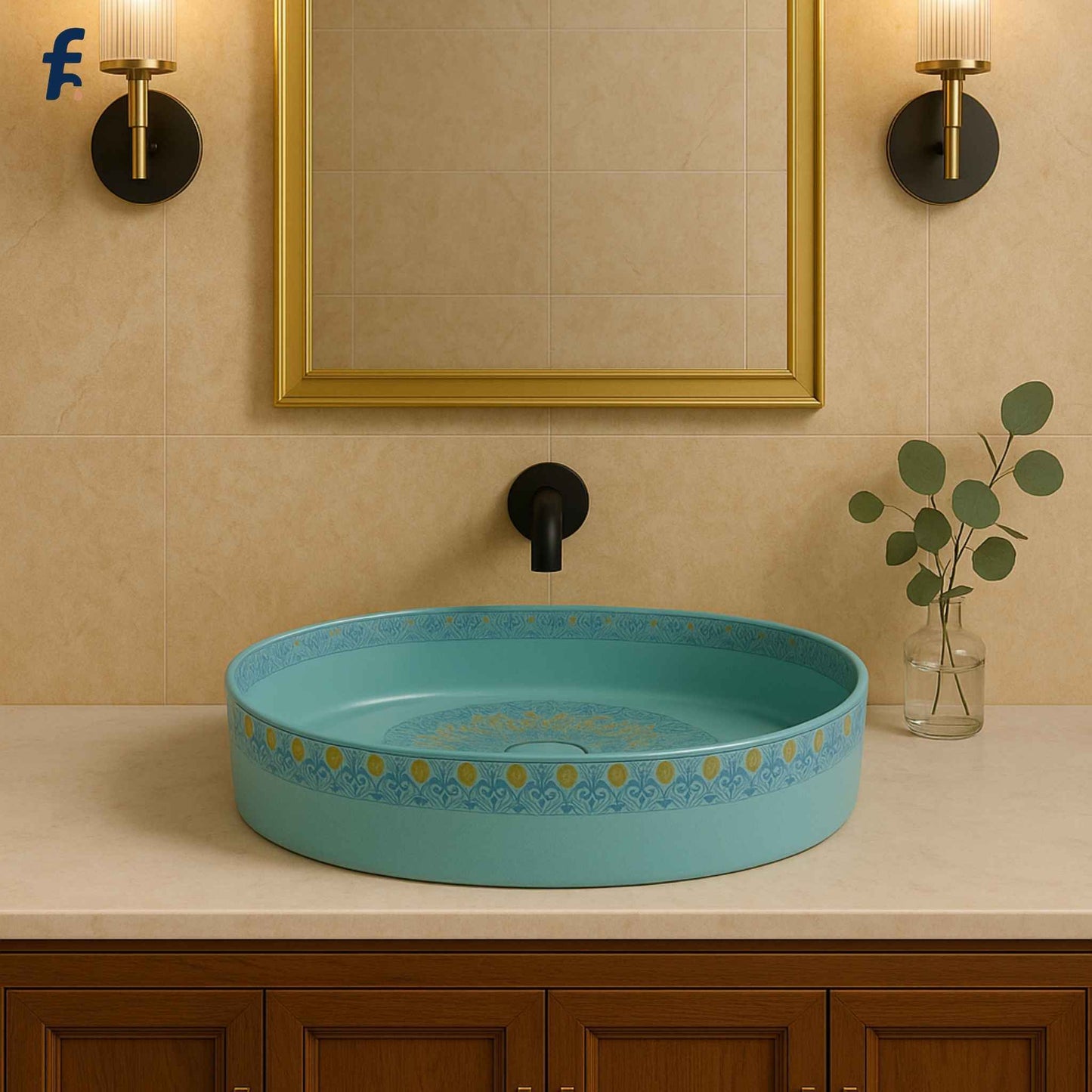 Full vanity view with sky blue basin, golden frame mirror, and wooden cabinet