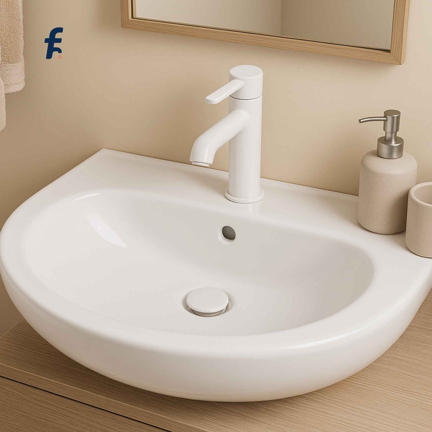 White pop-up waste coupling installed in ceramic basin