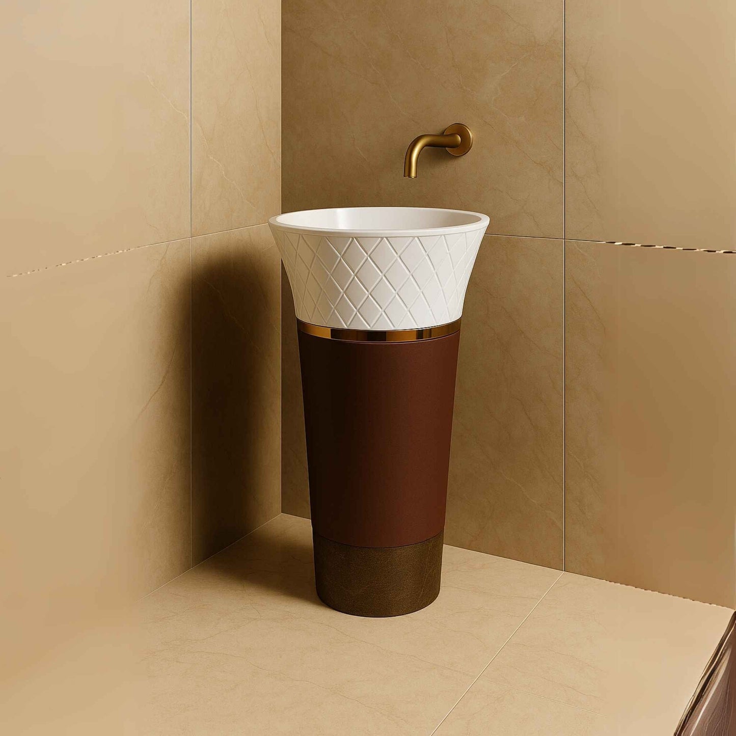 White diamond cut and brown glossy pedestal washbasin in a luxurious bathroom setting side angle