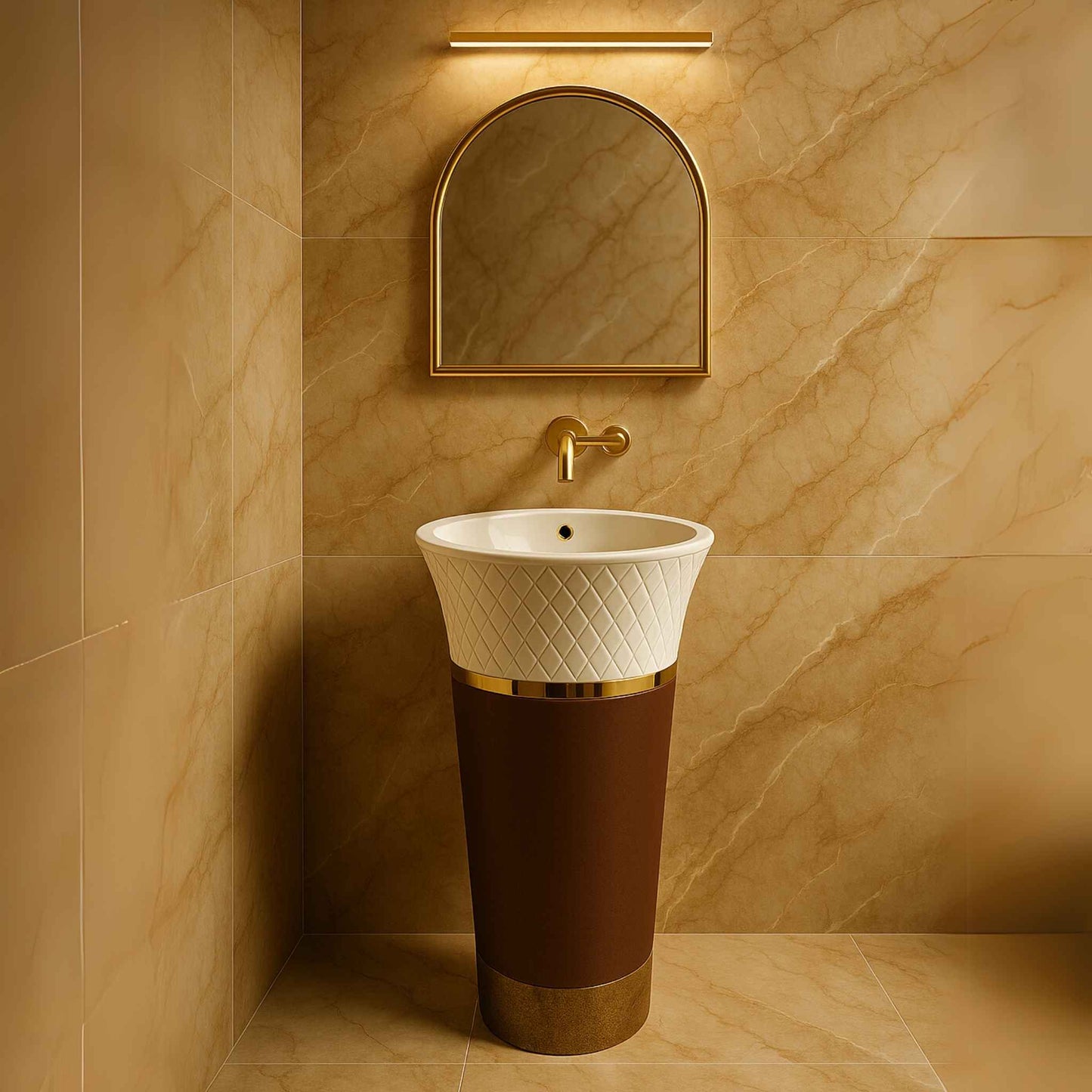 White diamond cut and brown glossy pedestal washbasin in a luxurious bathroom setting
