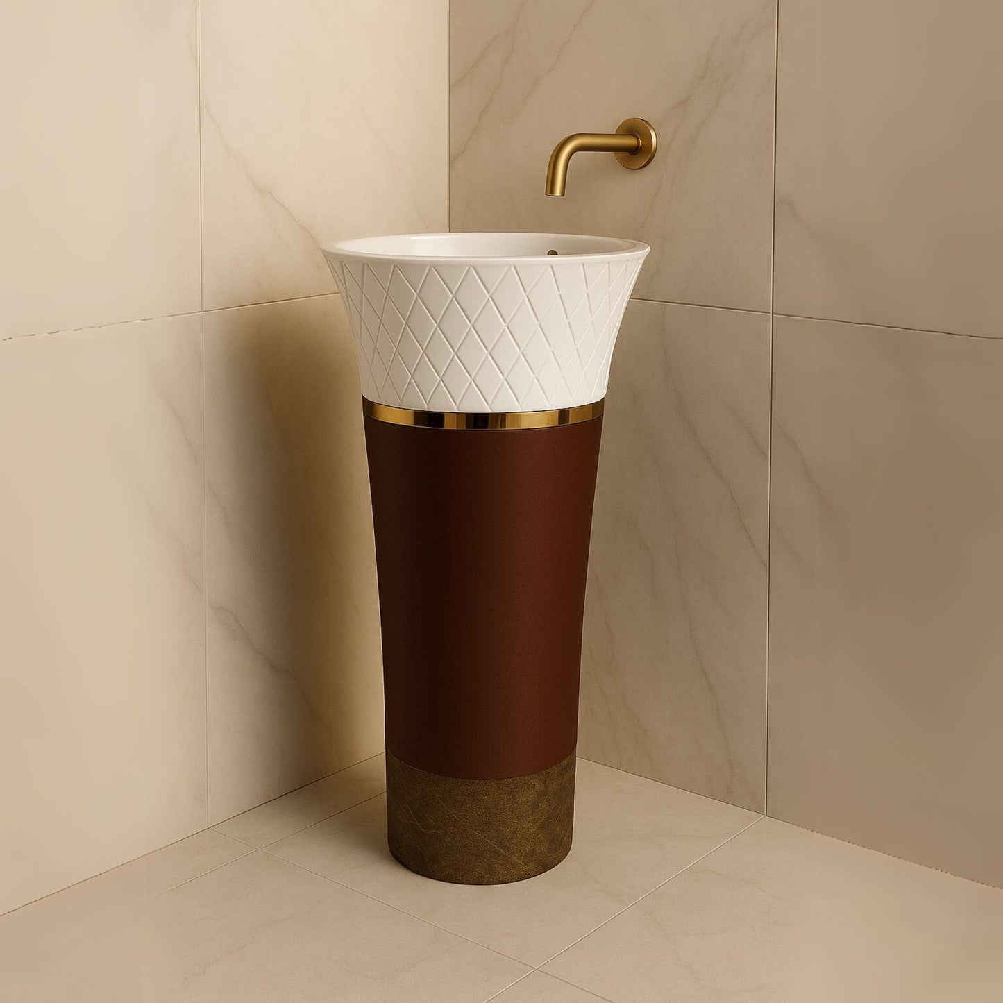White diamond cut and brown glossy pedestal washbasin in a luxurious bathroom setting front angle