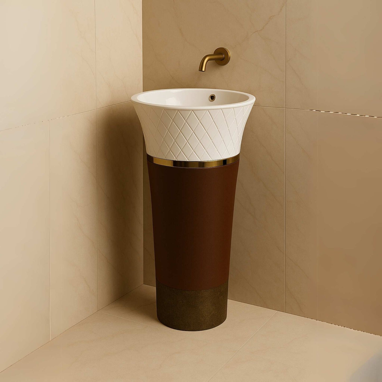 White diamond cut and brown glossy pedestal washbasin in a luxurious bathroom setting top angle