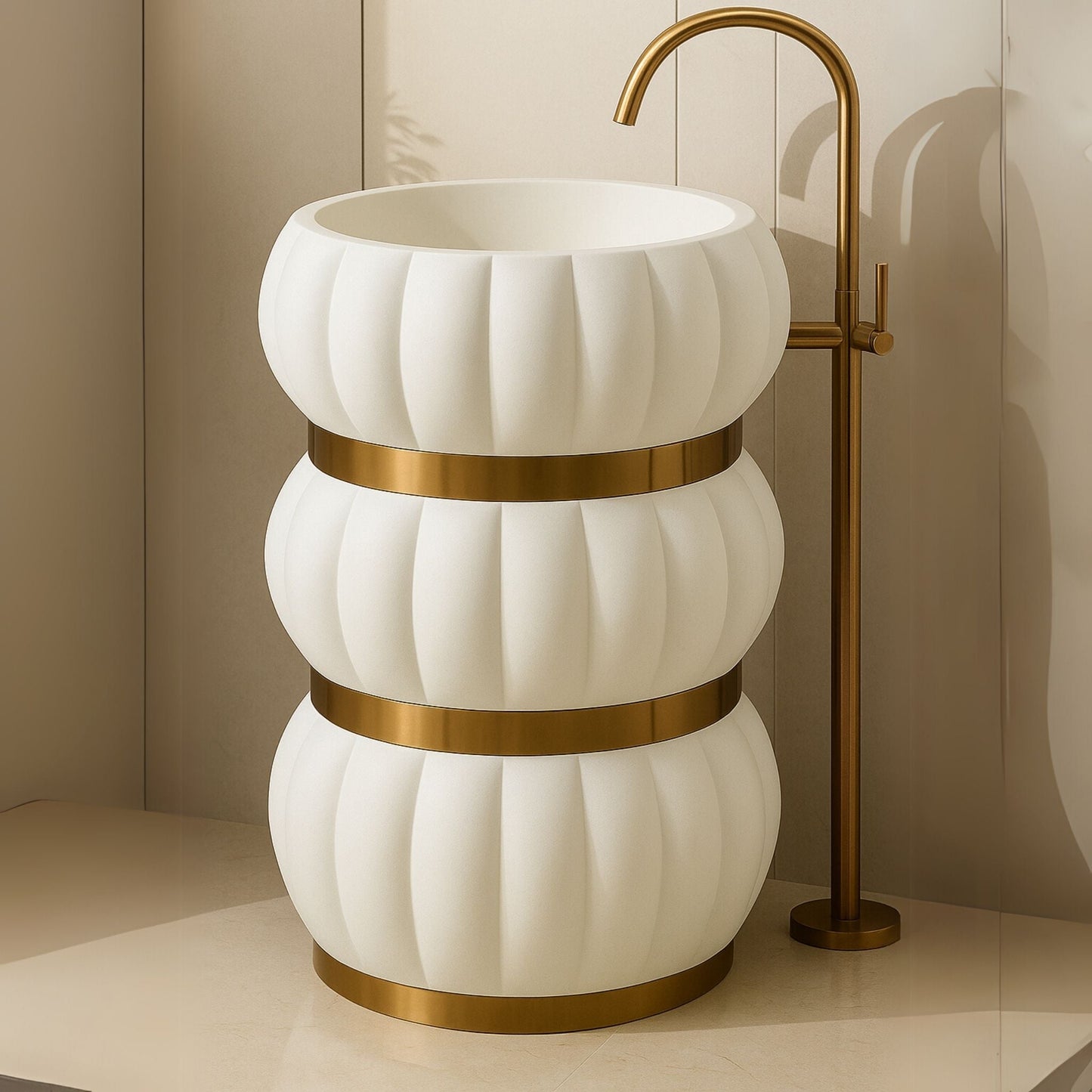White fluted pedestal basin with gold bands in a luxury marble bathroom