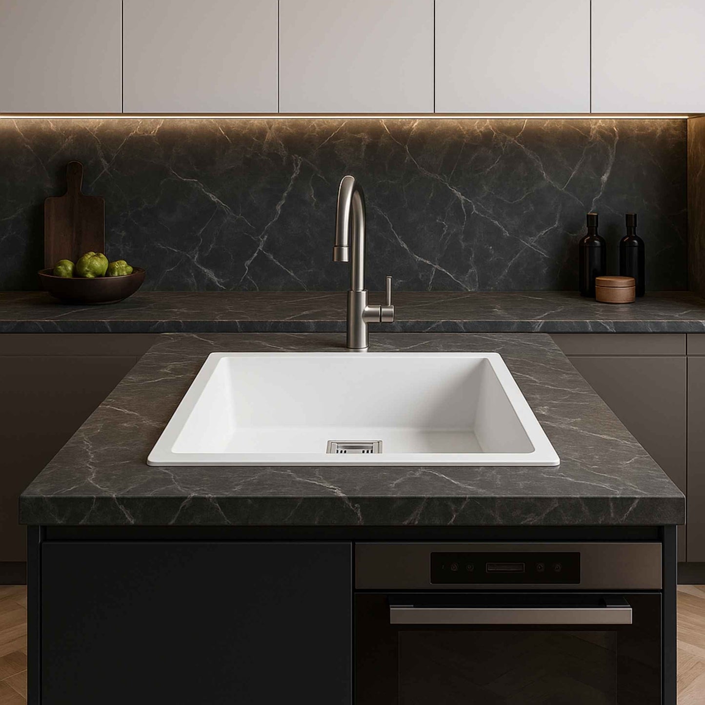 Full modern kitchen featuring 18x24x9 white granite sink with dark Satvario marble countertop.