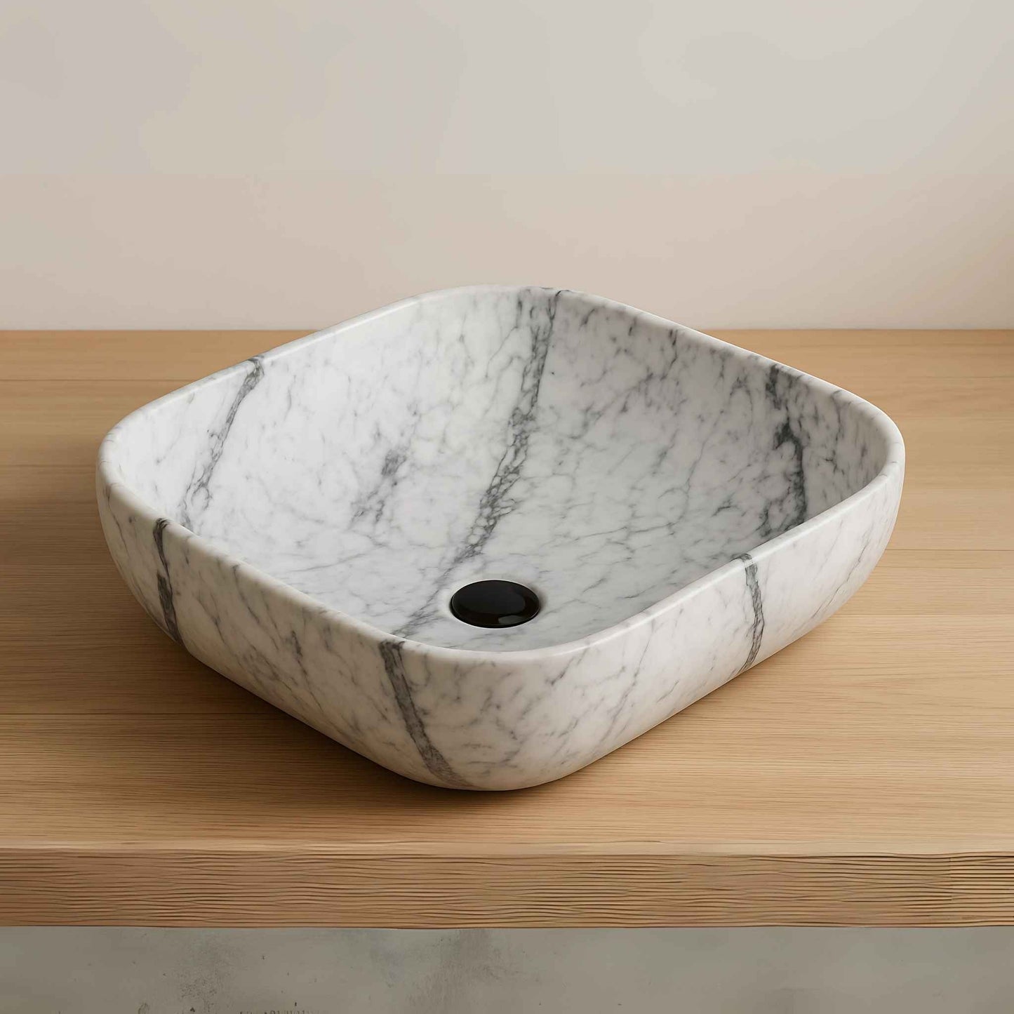 Front view of white marble rectangular bathroom sink with wall-mounted faucet on luxury vanity