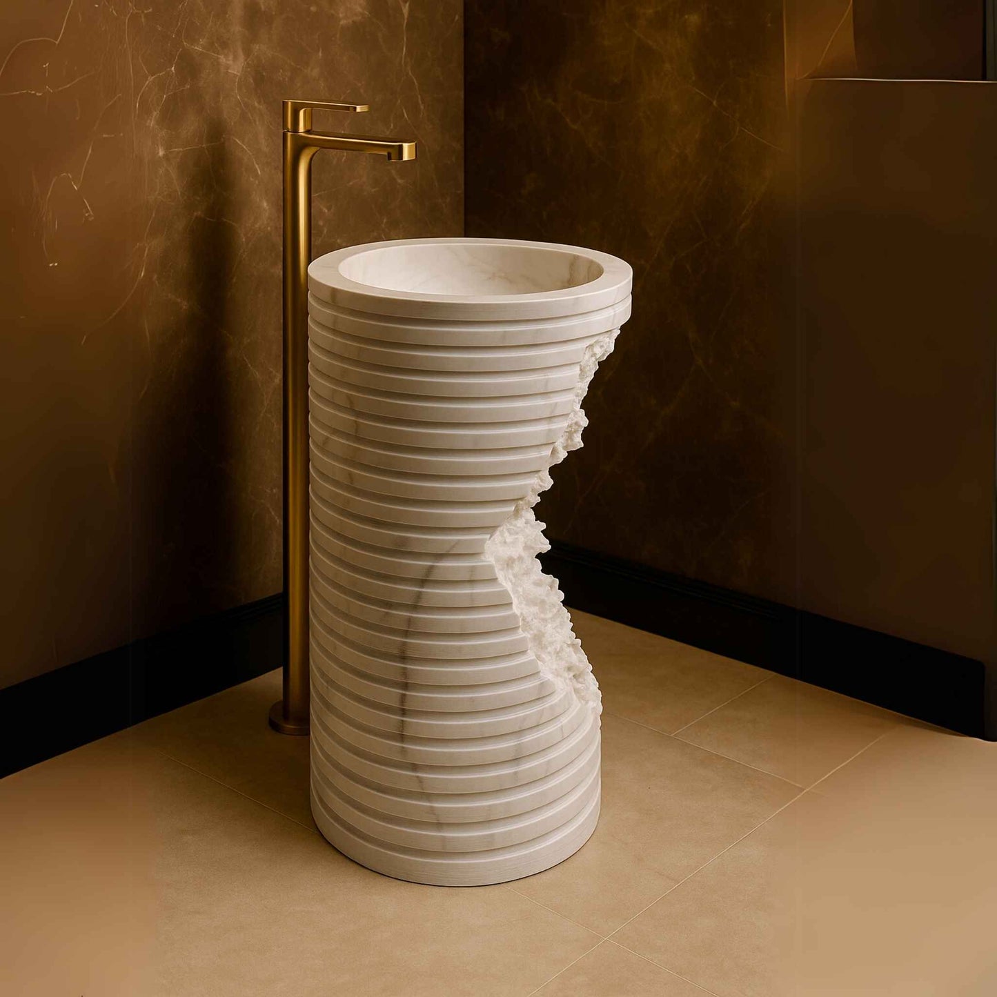 Designer bathroom with sculpted white marble basin, gold tap, and wood panel walls
