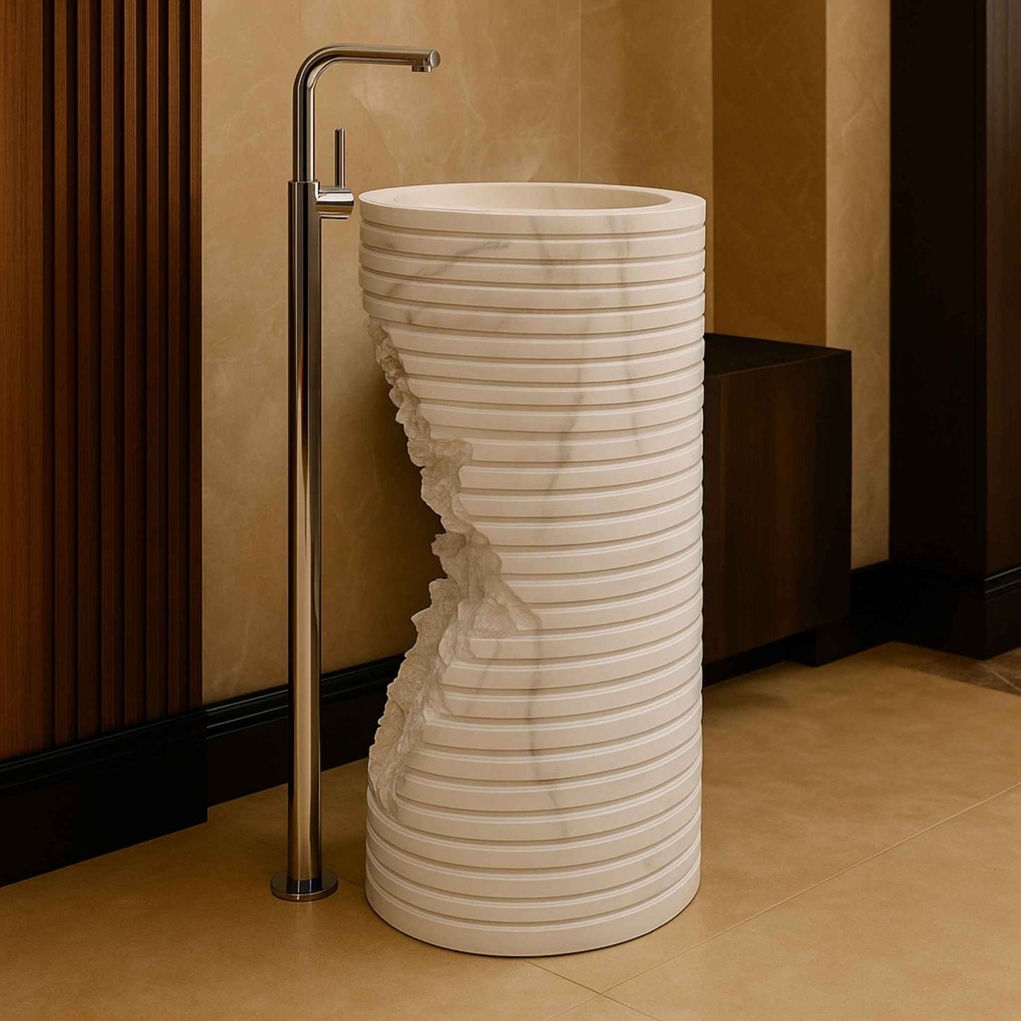 Side view of sculpted marble basin with gold standing faucet