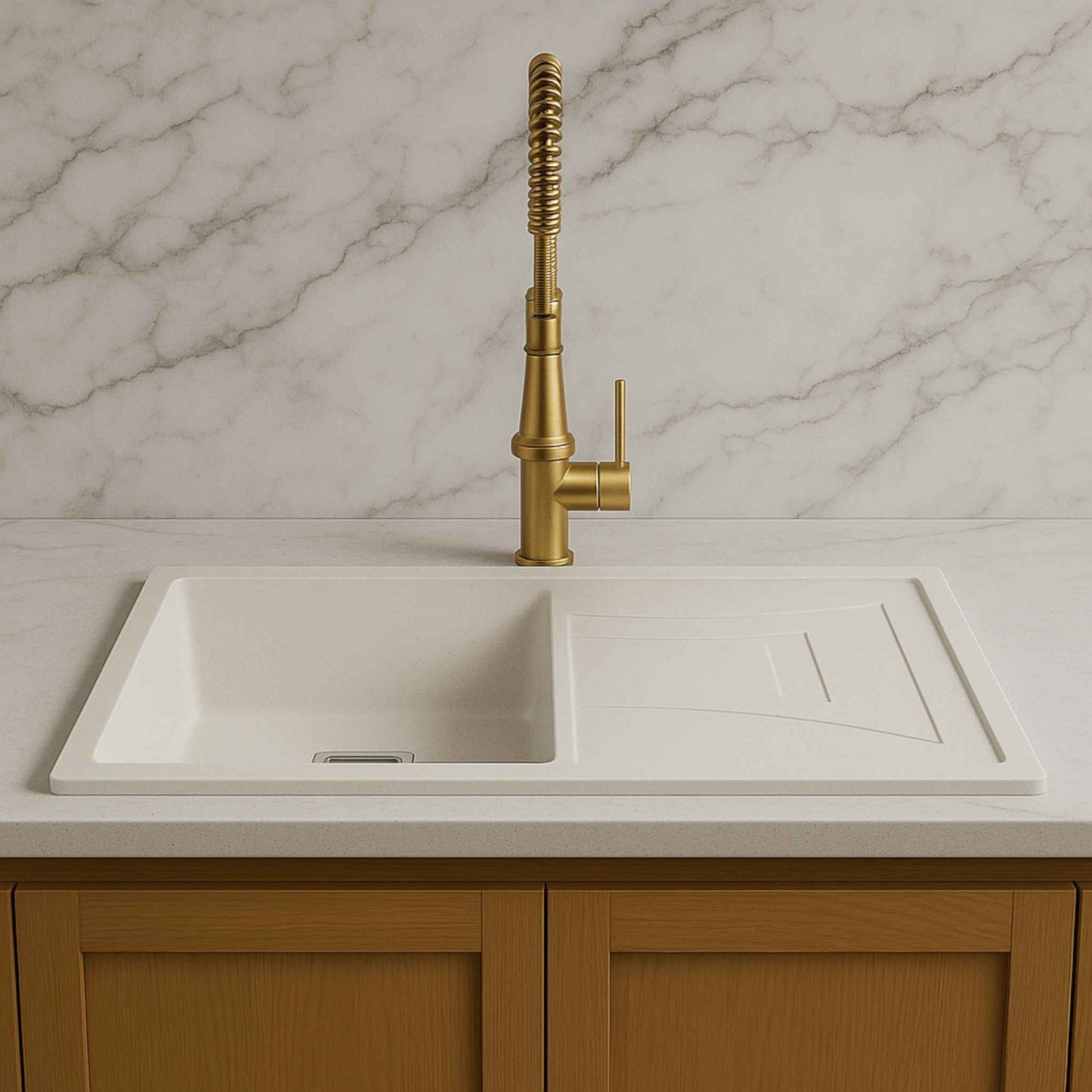 Front view of white metallic quartz sink installed in a luxurious Italian kitchen