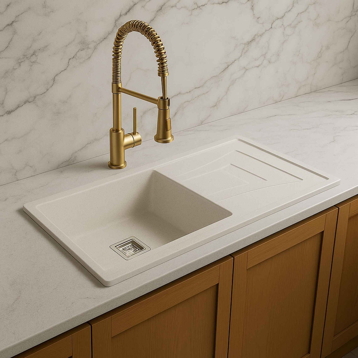 Side angle of white quartz kitchen sink with modern marble countertop and luxury faucet