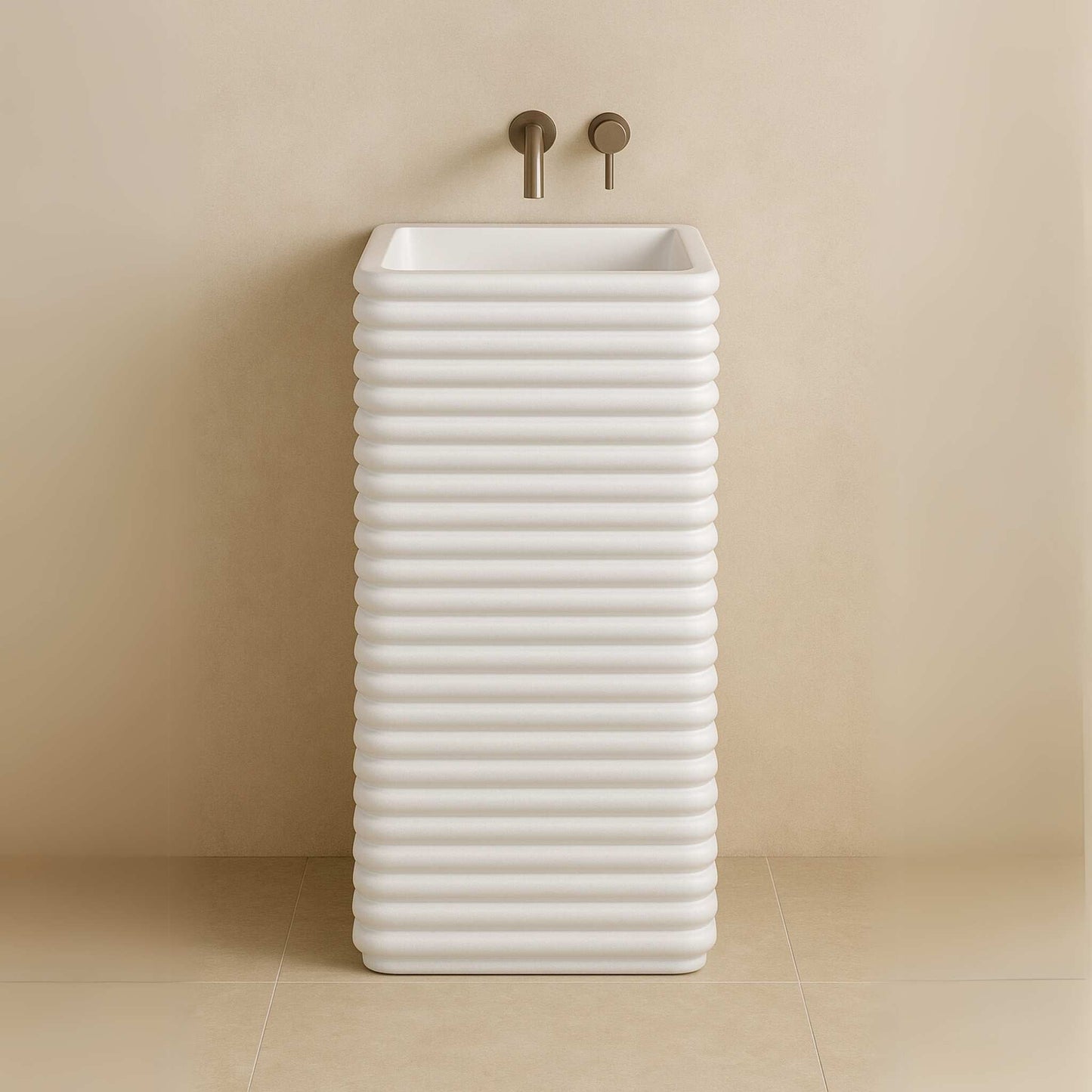 Front view of white ribbed ceramic pedestal wash basin