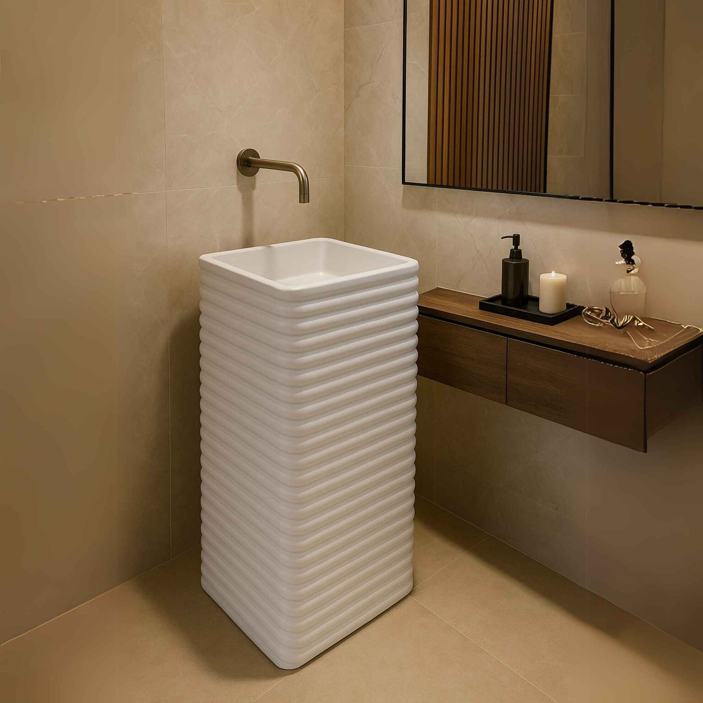 White ribbed pedestal basin in luxurious modern bathroom with LED mirror and shower in bathroom