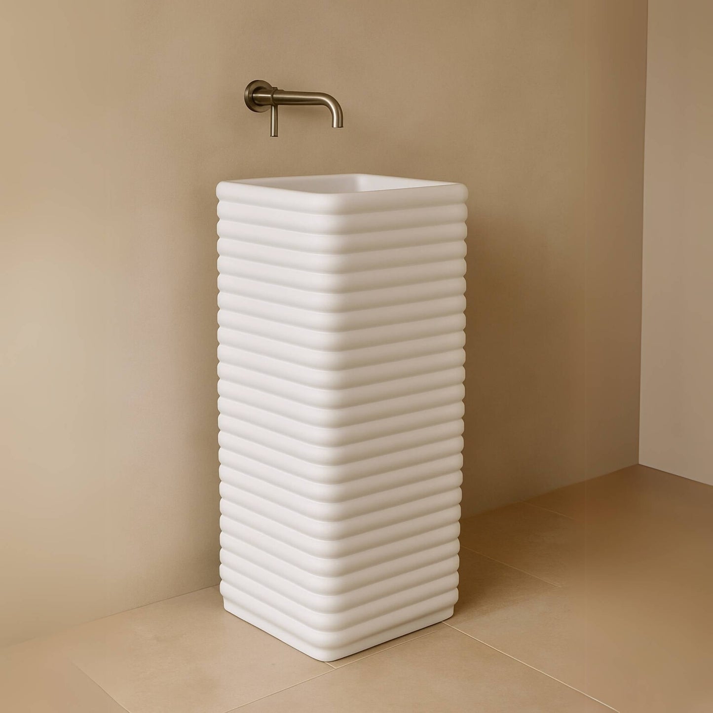 Side angle of ribbed white freestanding pedestal basin