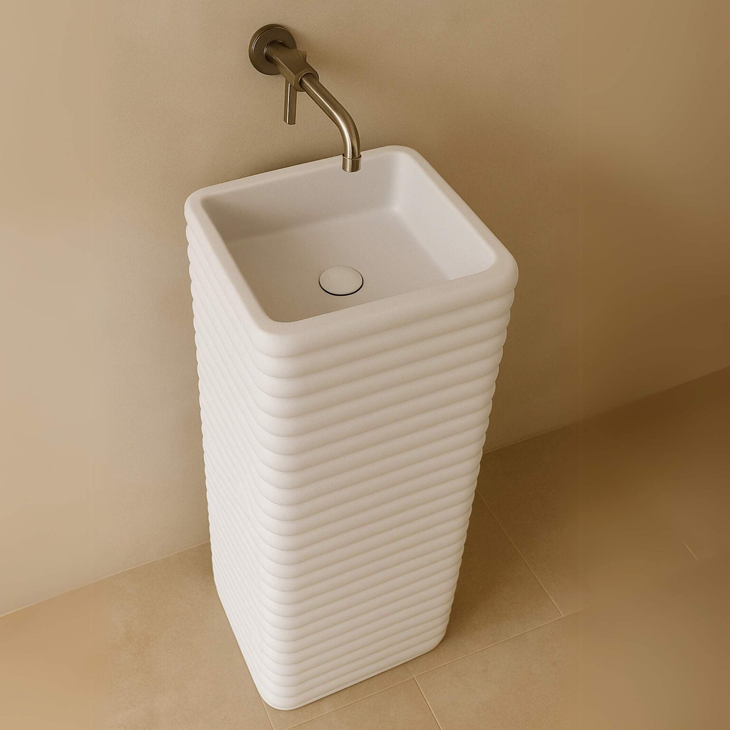 Top view of modern ribbed pedestal basin with rectangular bowl