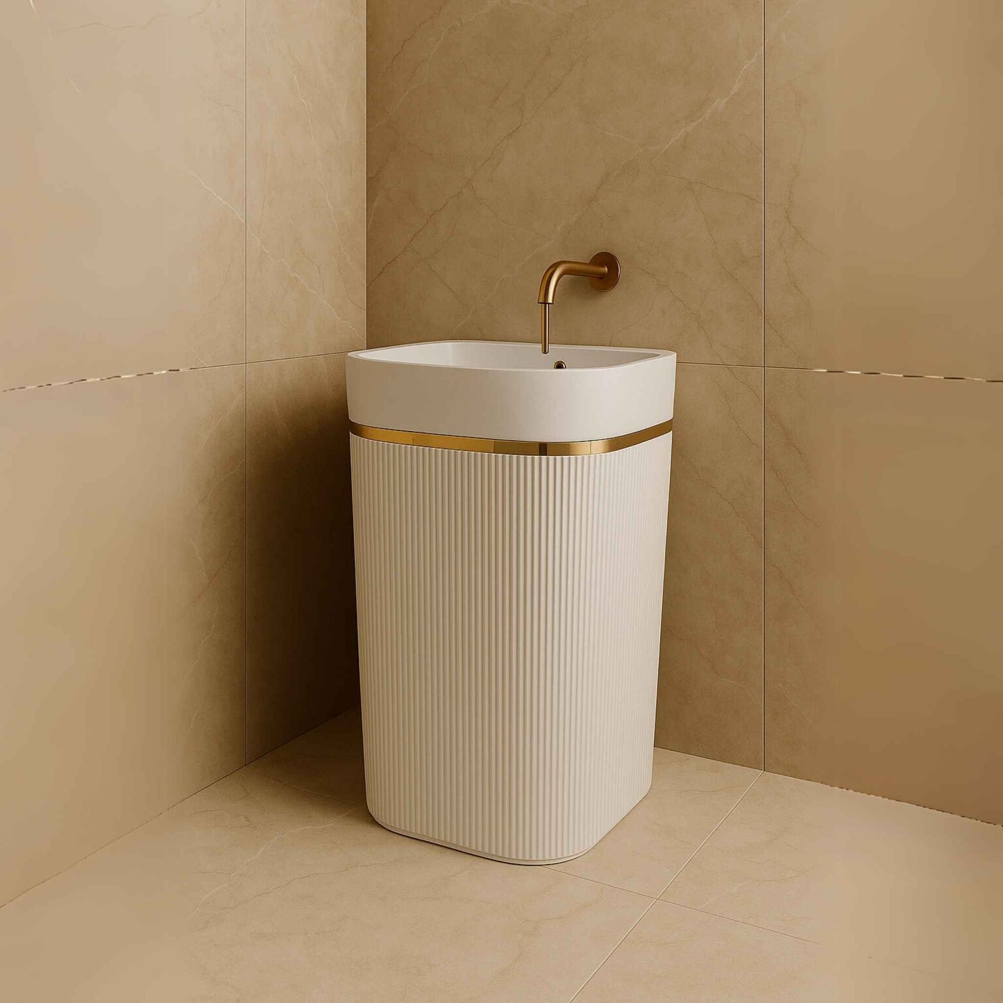 Freestanding white ribbed pedestal washbasin with gold accent – 600x380x860mm front image