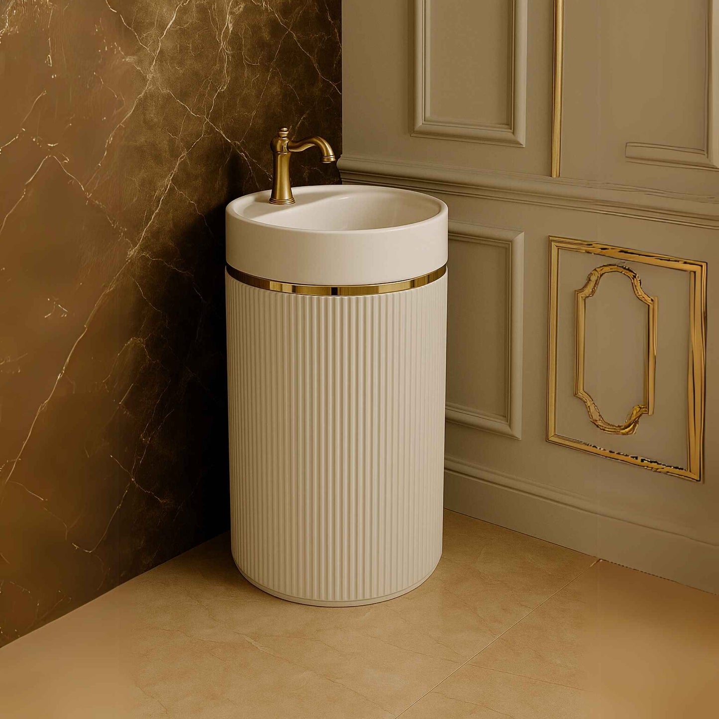 Freestanding white ribbed pedestal washbasin with gold accent – 600x380x860mm side image