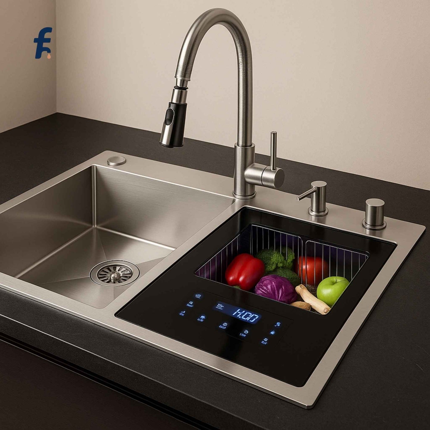 Modern kitchen sink with digital display and faucet, featuring fruits and vegetables.
