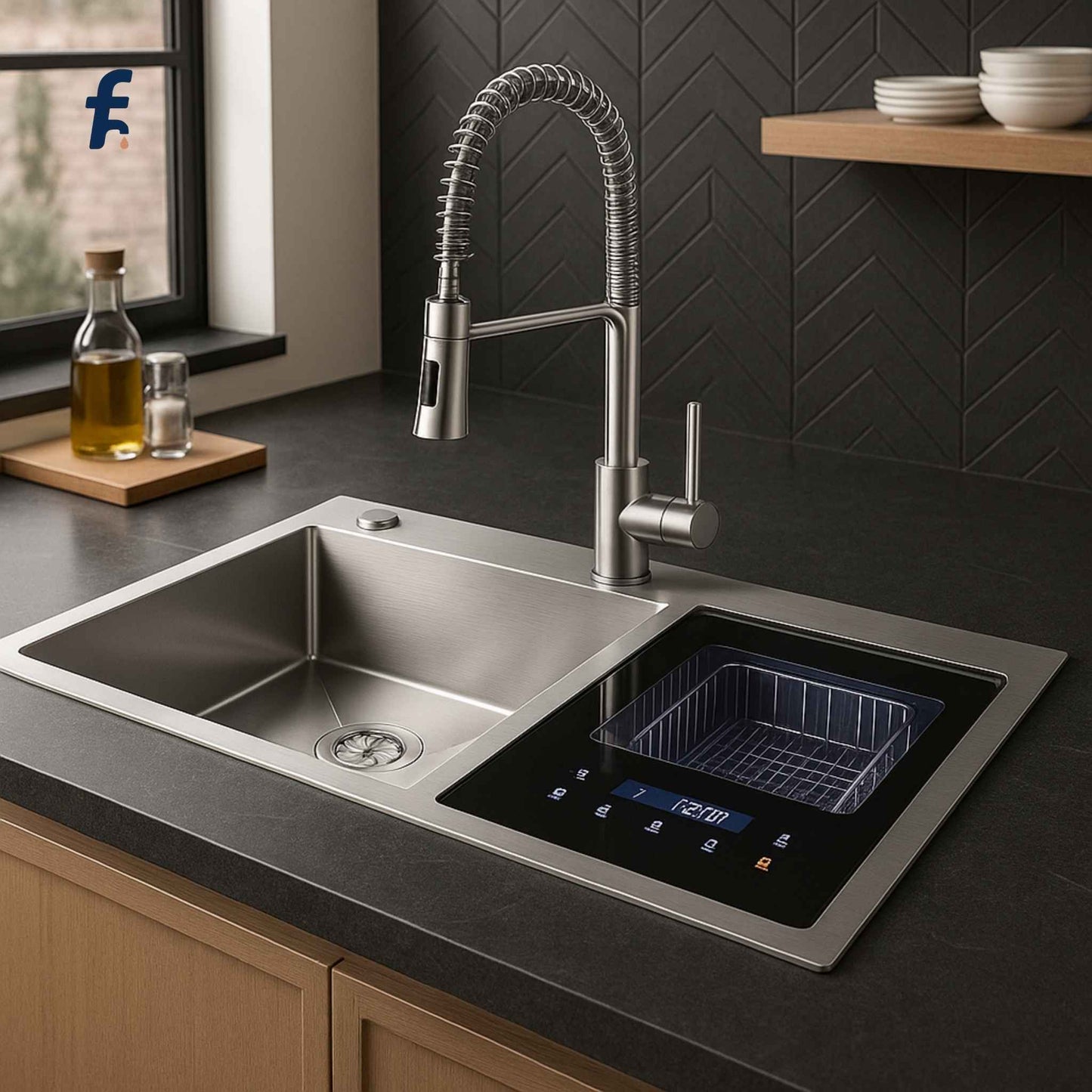 Modern kitchen sink with digital display and faucet in a well-lit kitchen.