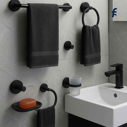 Bathroom setup with black towel racks, soap dish, and soap on a tiled wall. 5-piece luxury gold bathroom accessories set including towel bar, napkin ring, robe hook, soap dish, and tumbler holder in premium brass finish installed in modern bathroom.