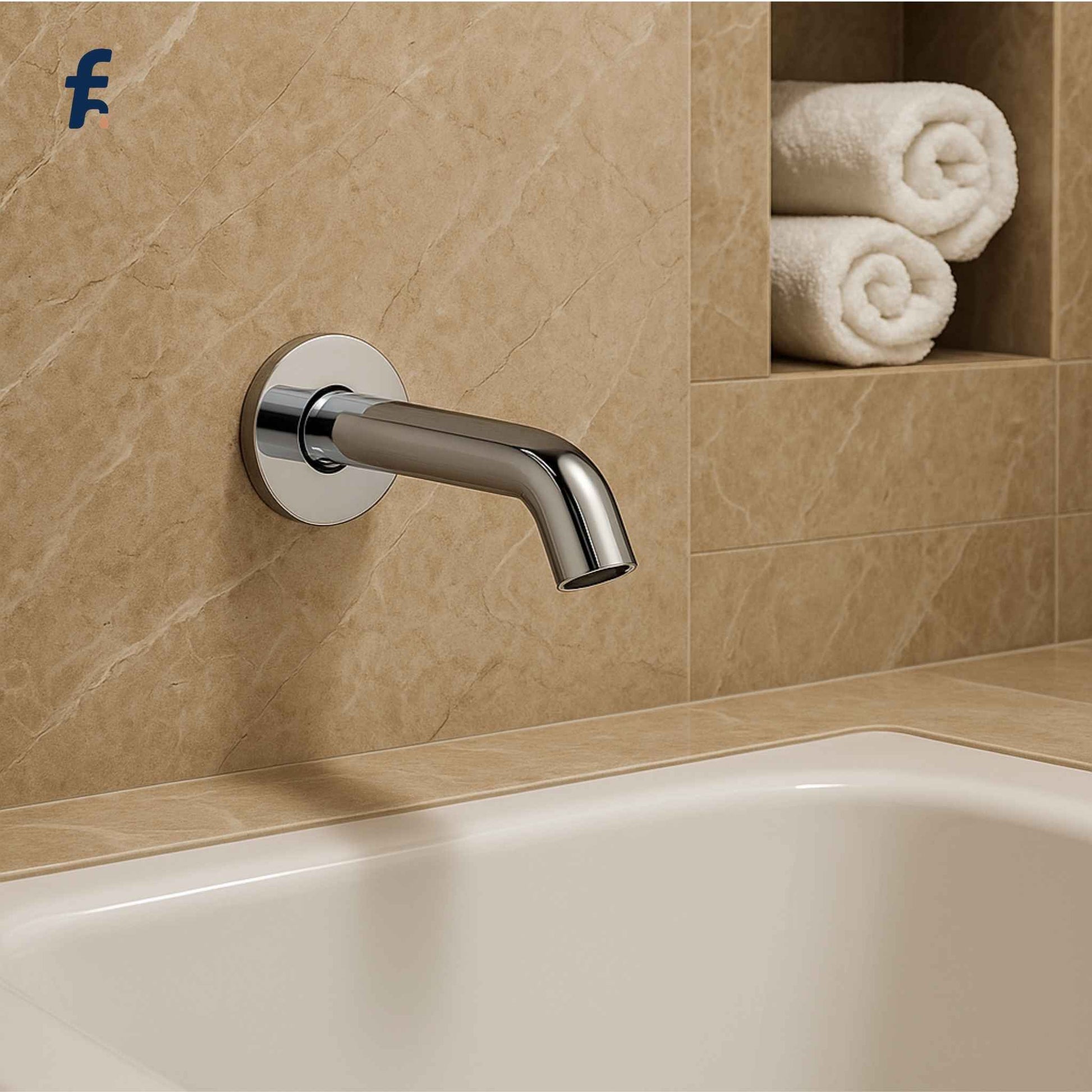 Chrome bathtub faucet mounted on a beige tiled wall with rolled towels in the background. Wall-mounted stainless steel bath spout over modern bathtub