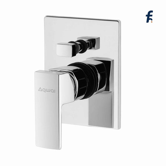 Chrome bathroom diverter with 'Aqwai' branding on a white background