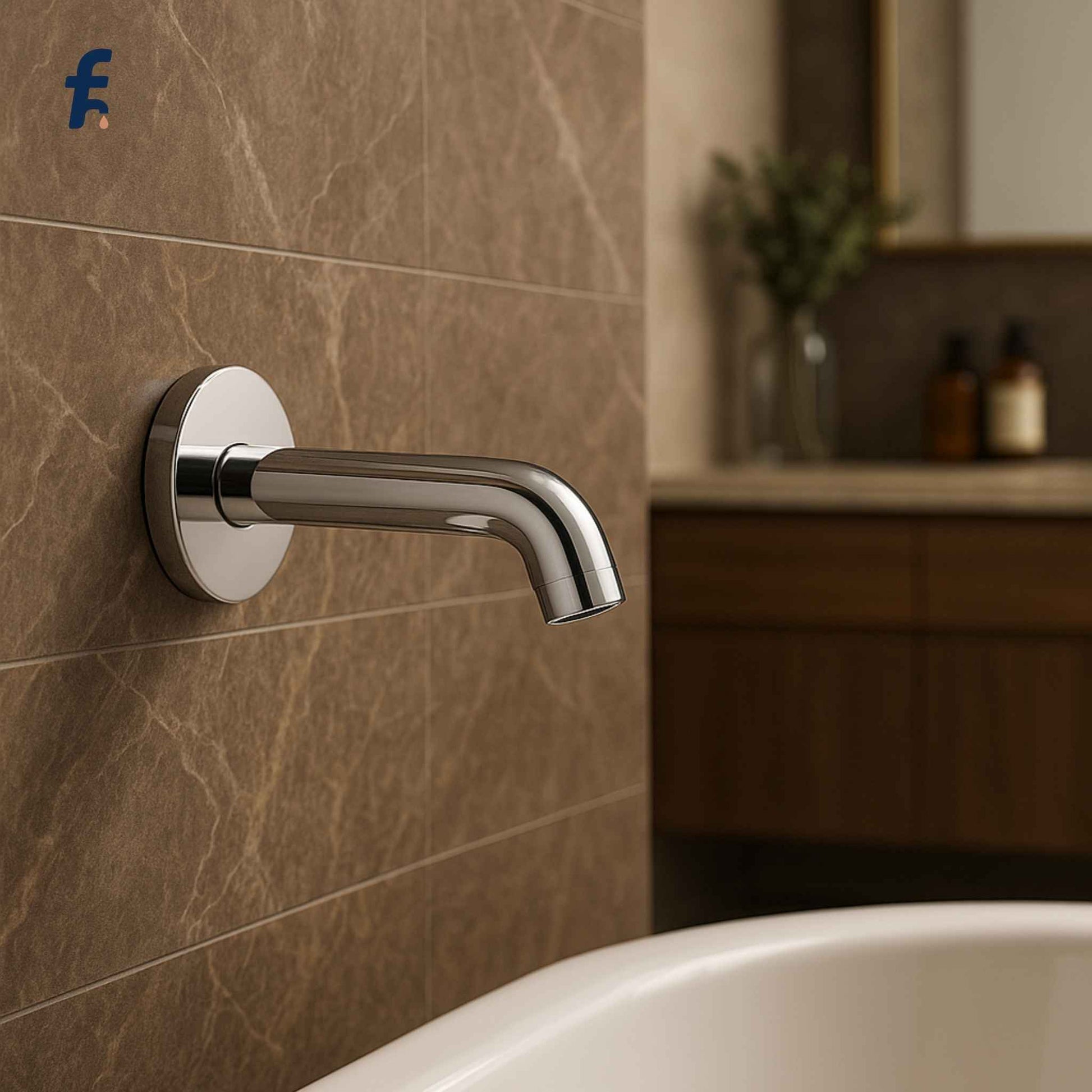 Chrome wall-mounted faucet on a tiled bathroom wall, Minimalist chrome bath spout for contemporary bathroom design