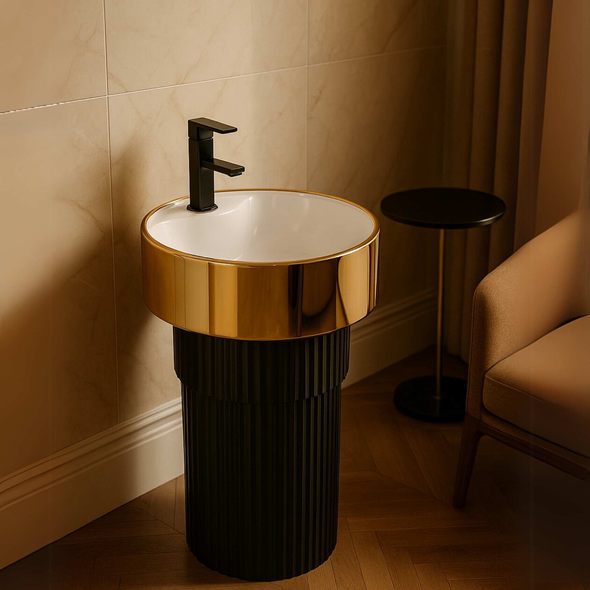 Black and gold round designer pedestal washbasin
