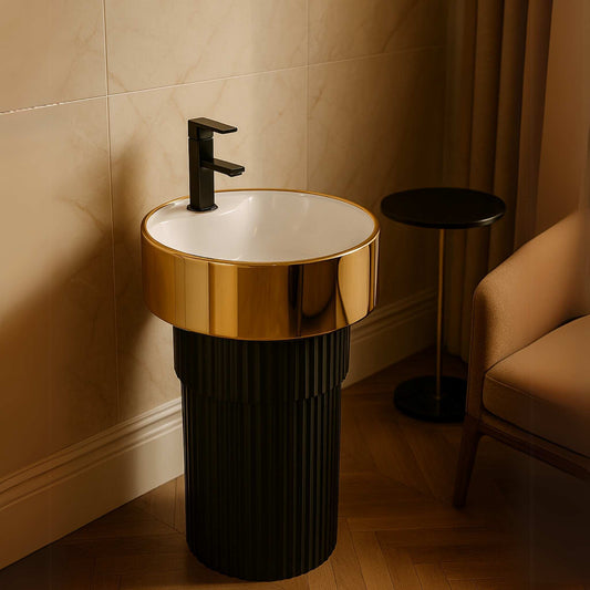 Black and gold round designer pedestal washbasin
