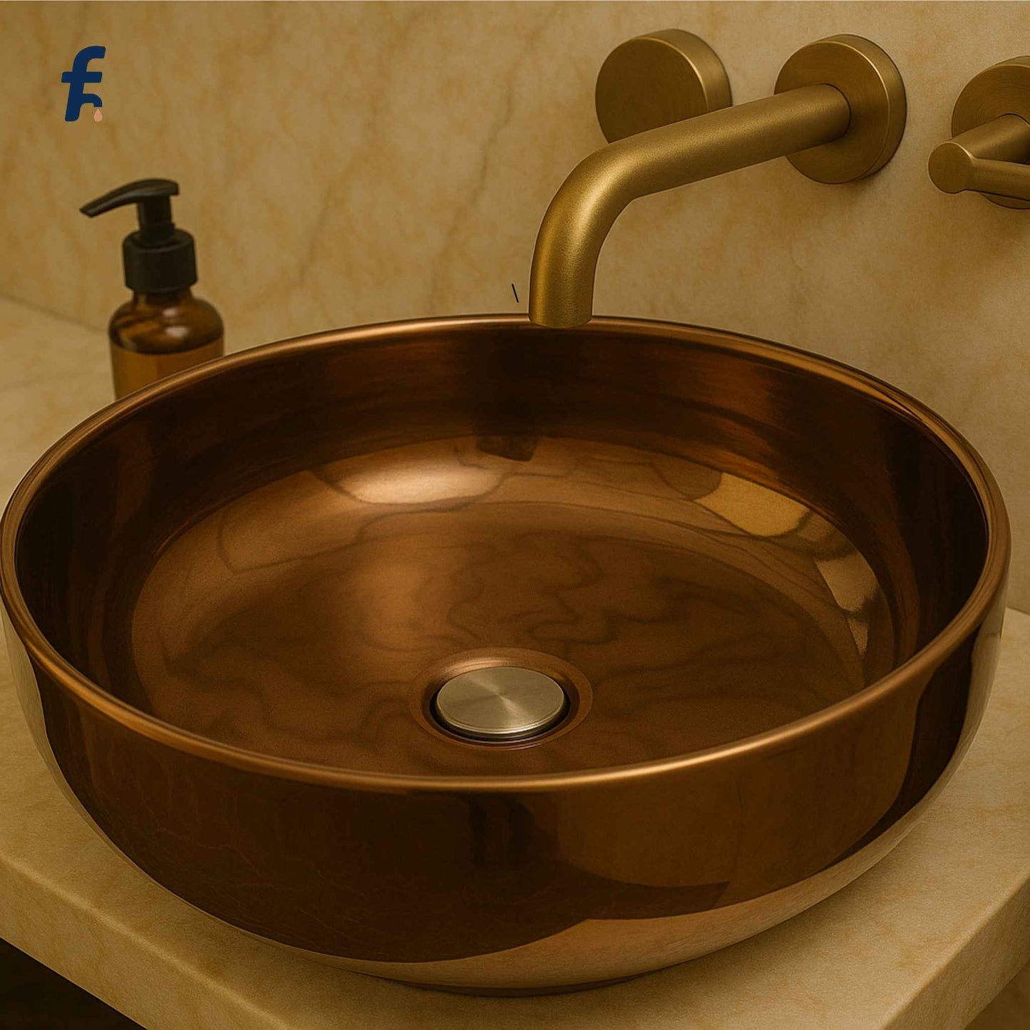 Bronze round pedestal washbasin in luxurious marble bathroom