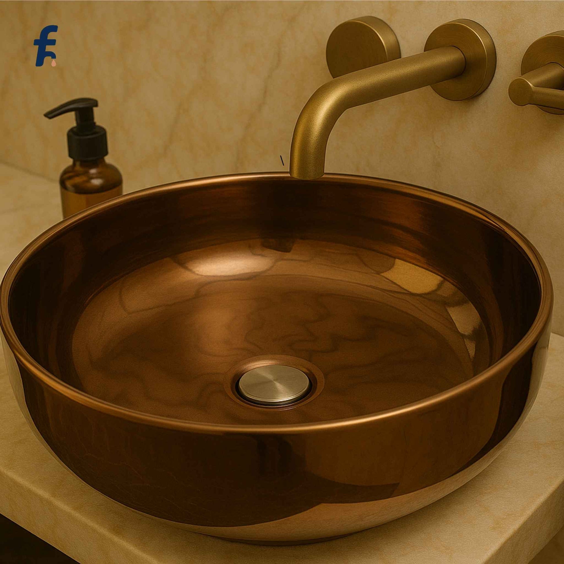 Bronze round pedestal washbasin in luxurious marble bathroom