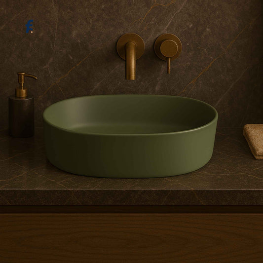Forest Mint-1 oval green countertop washbasin in a luxurious bathroom with wall-mounted faucet – front angle view