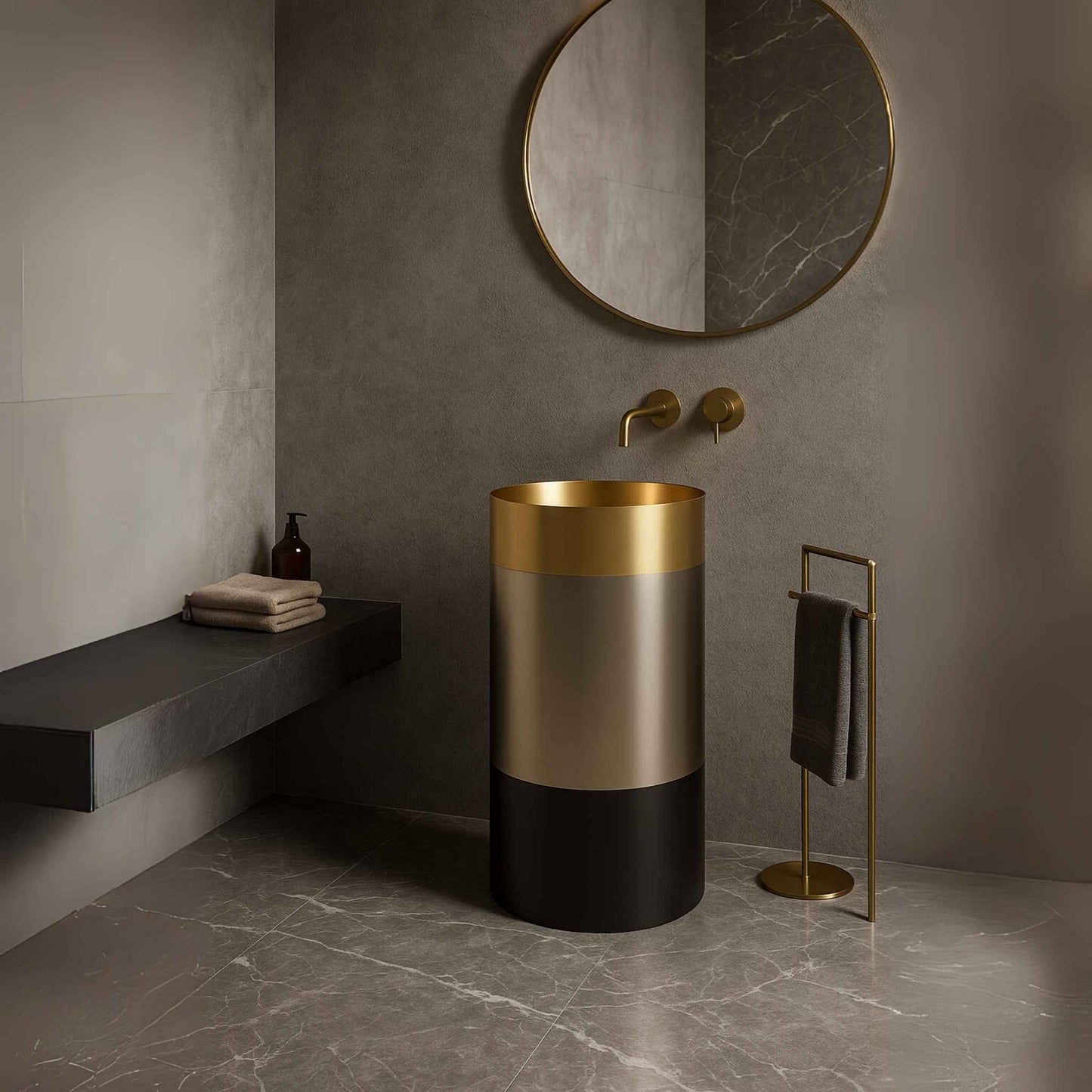 Full bathroom interior featuring gold-black luxury pedestal basin
