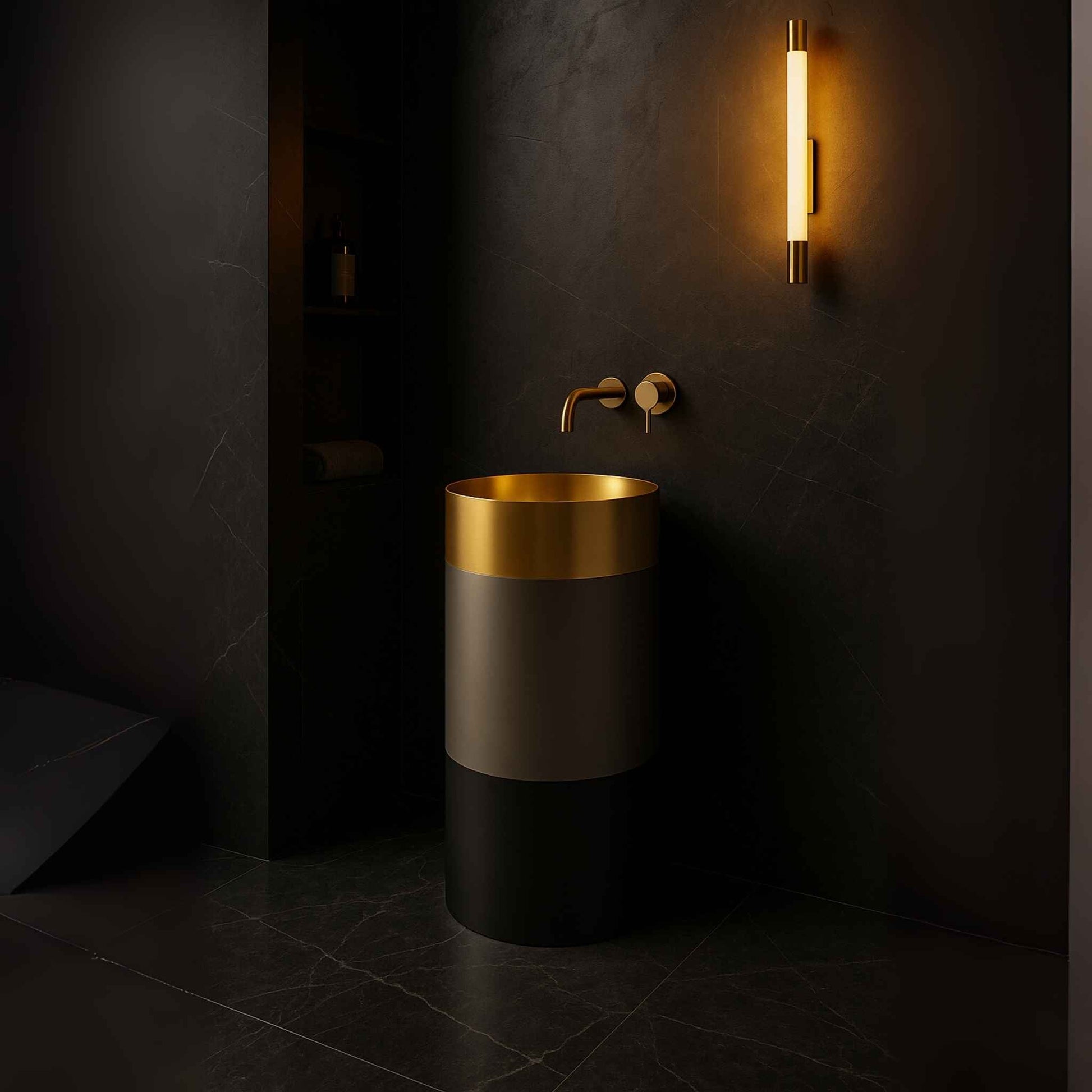 Side angle view of gold and black stainless steel pedestal sink in modern interior