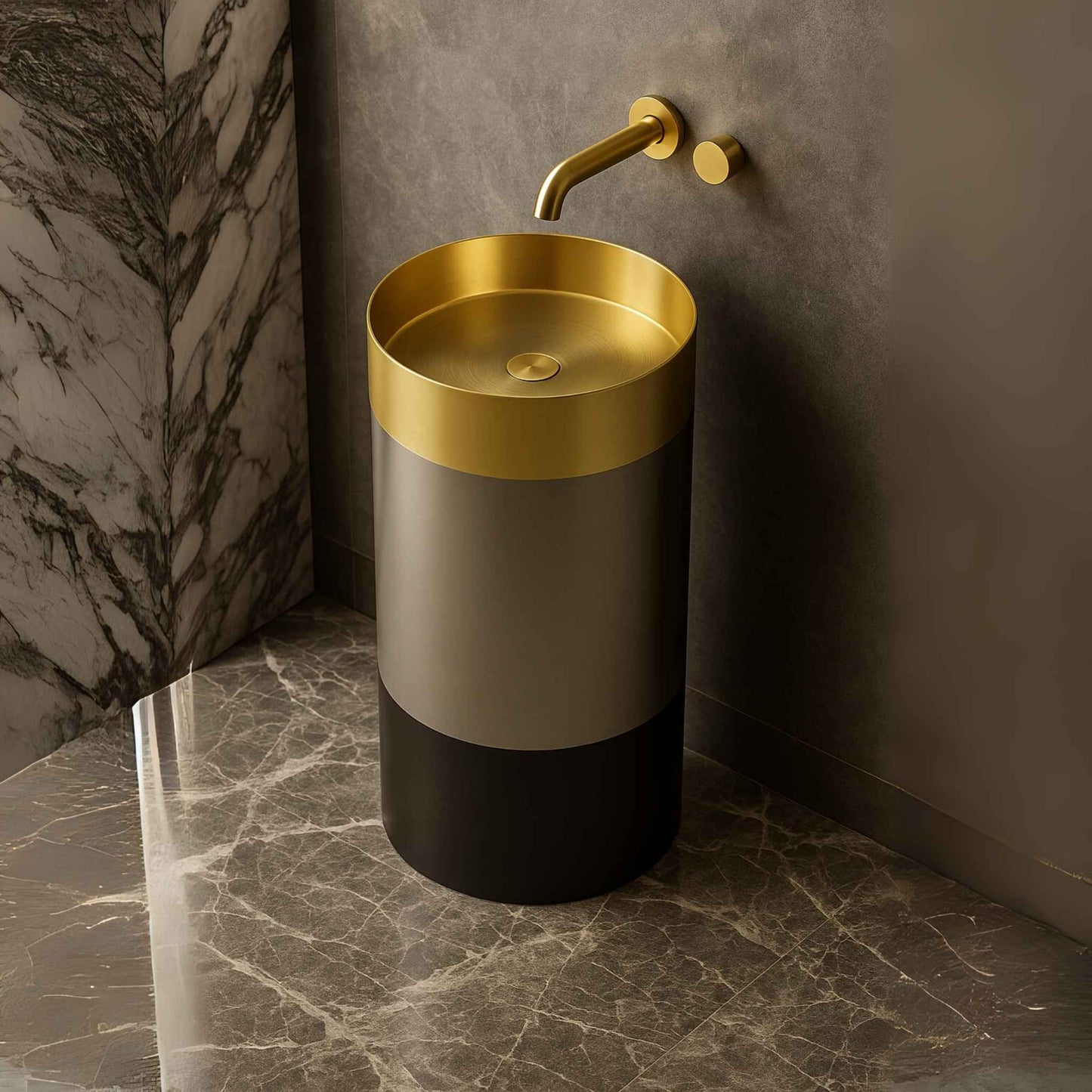 Top angle shot of modern gold-black freestanding wash basin