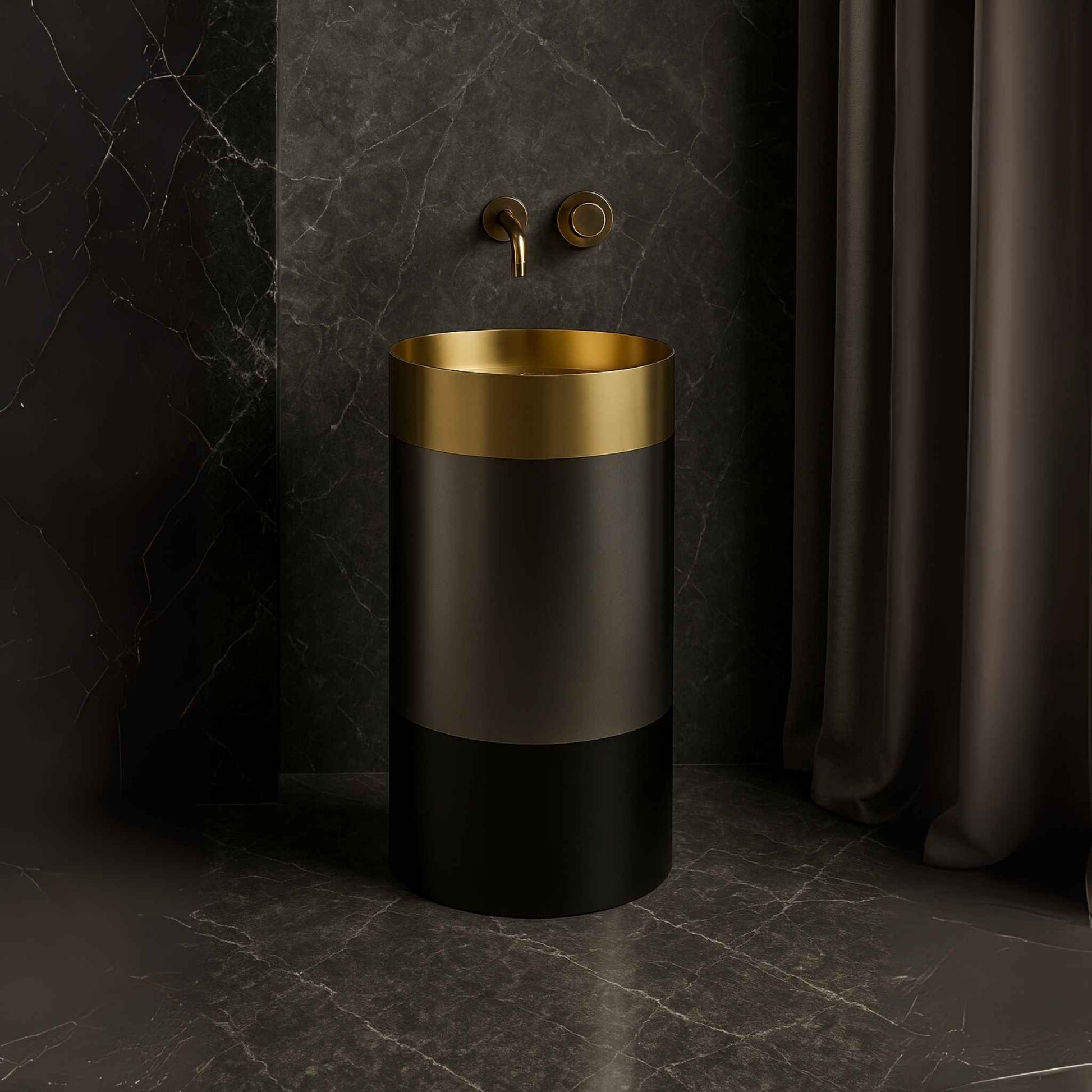 Gold and black pedestal wash basin – front angle in a luxurious bathroom