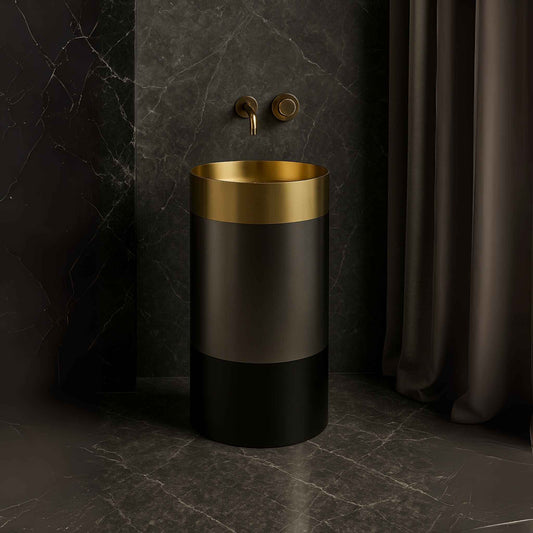 Gold and black pedestal wash basin – front angle in a luxurious bathroom