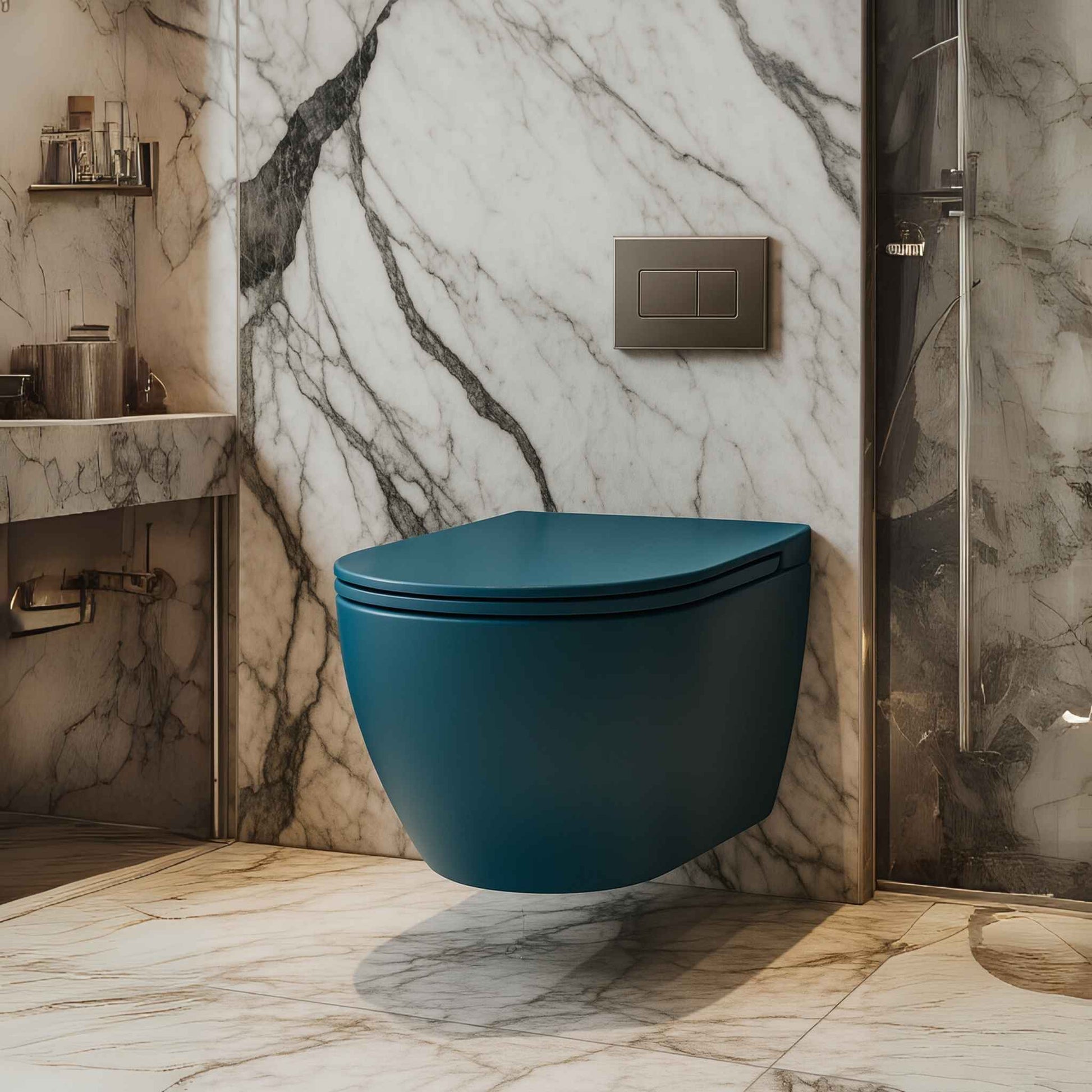 Luxury Pine Blue Wall-Hung Toilet | Rimless Compact WC for Designer Bathrooms