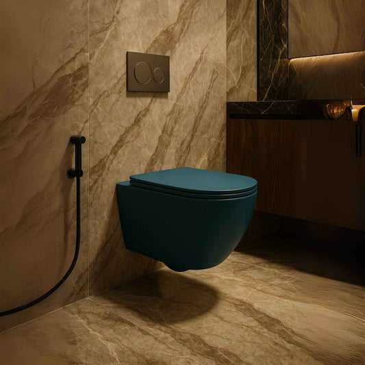 Luxury Pine Blue Wall-Hung Toilet | Rimless Compact WC for Designer Bathrooms side view