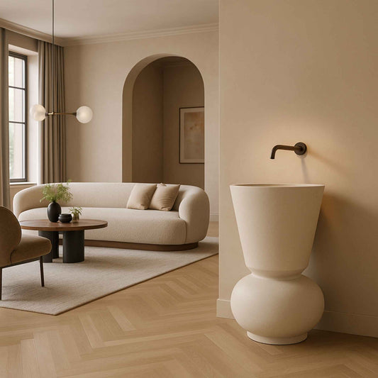 Matt white colour pedestal washbasin perfect for living rooms.