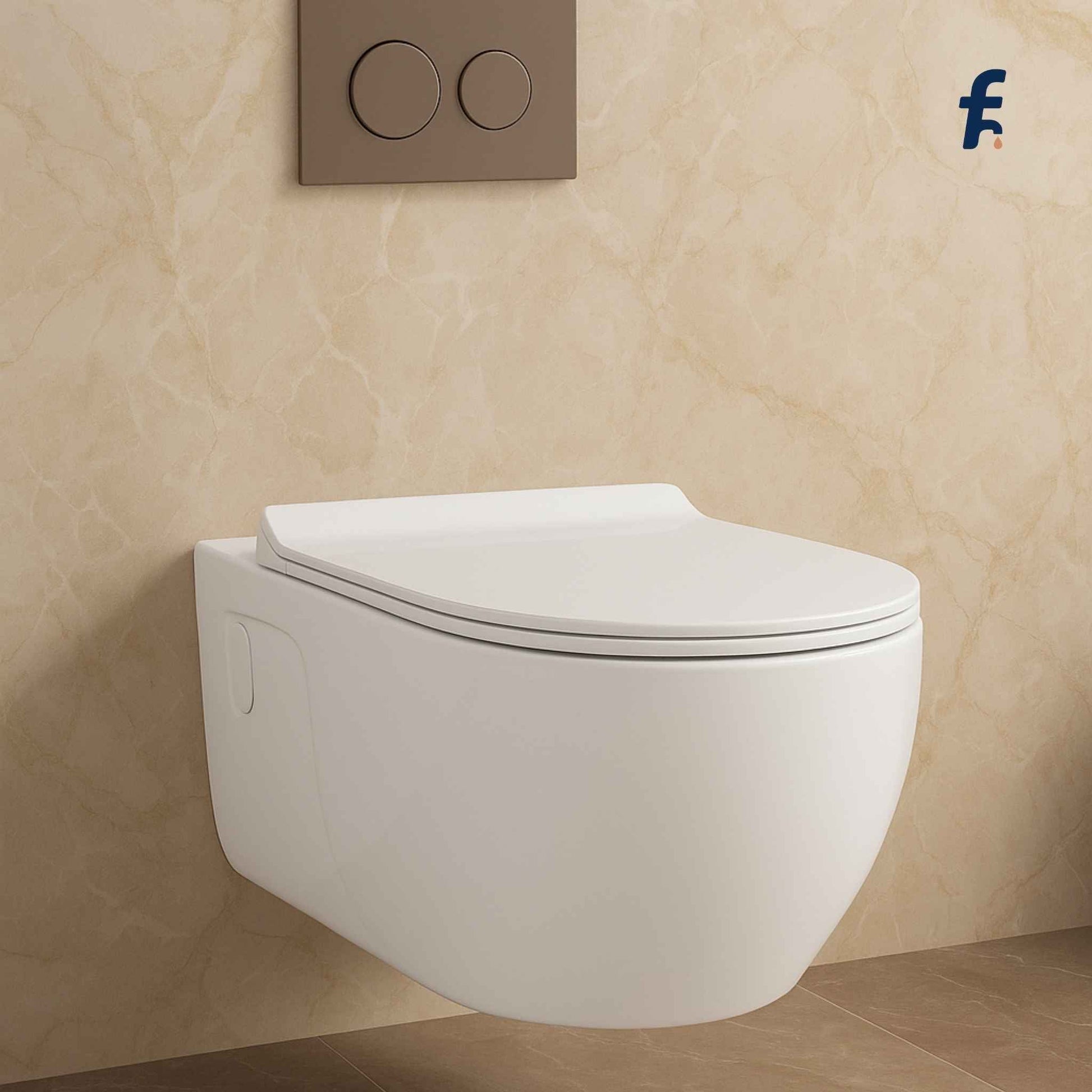 Wall-mounted white toilet against a beige tiled wall with a brand logo in the corner.
