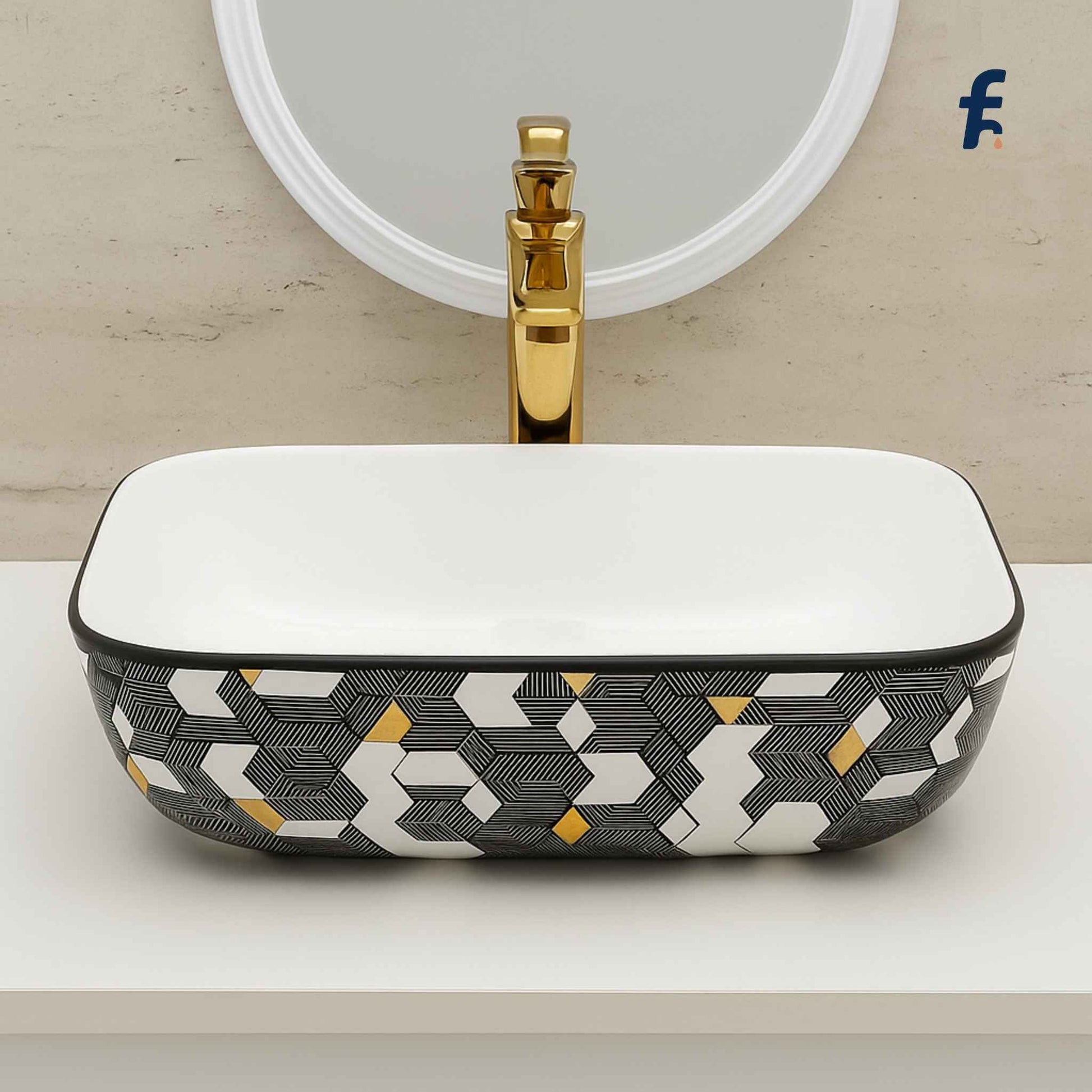 Decorative bathroom sink with geometric pattern and gold faucet on a neutral background