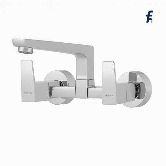 Chrome wall-mounted faucet on a white background