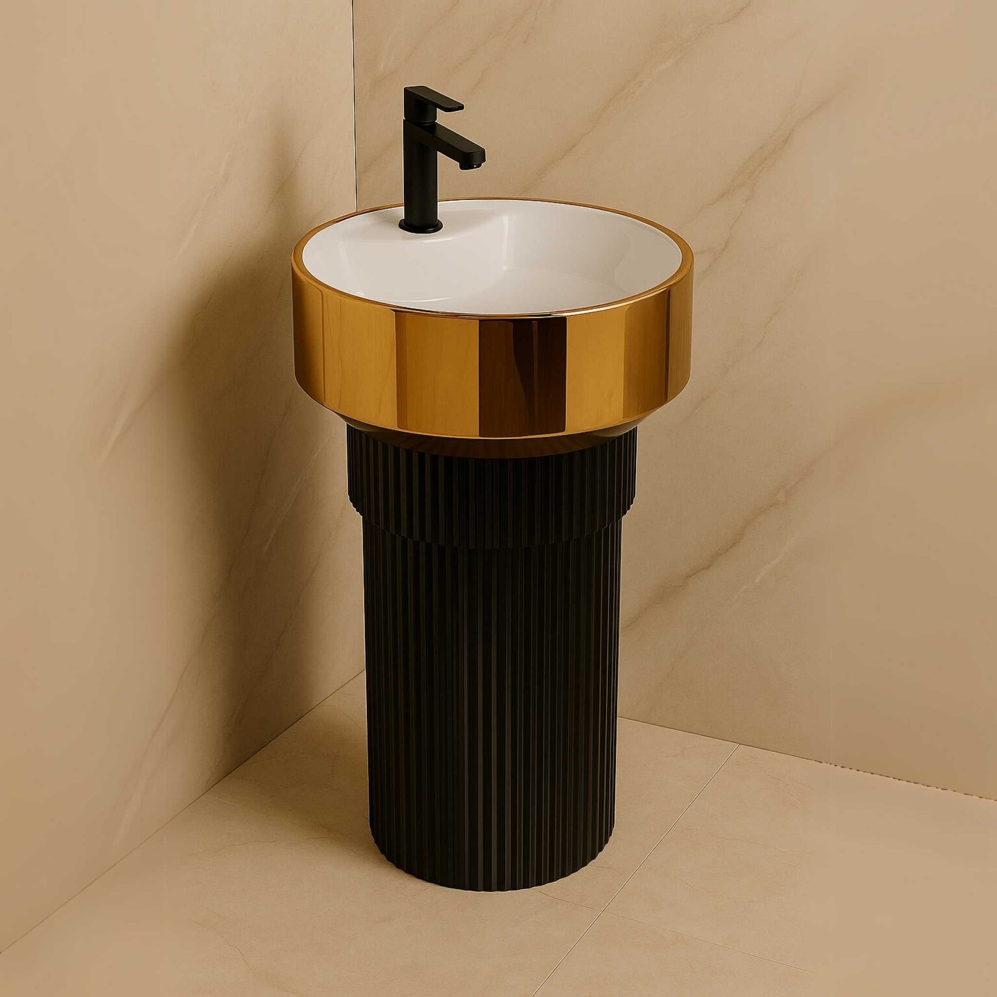 Washbasin installed in a luxury bathroom with black and gold details