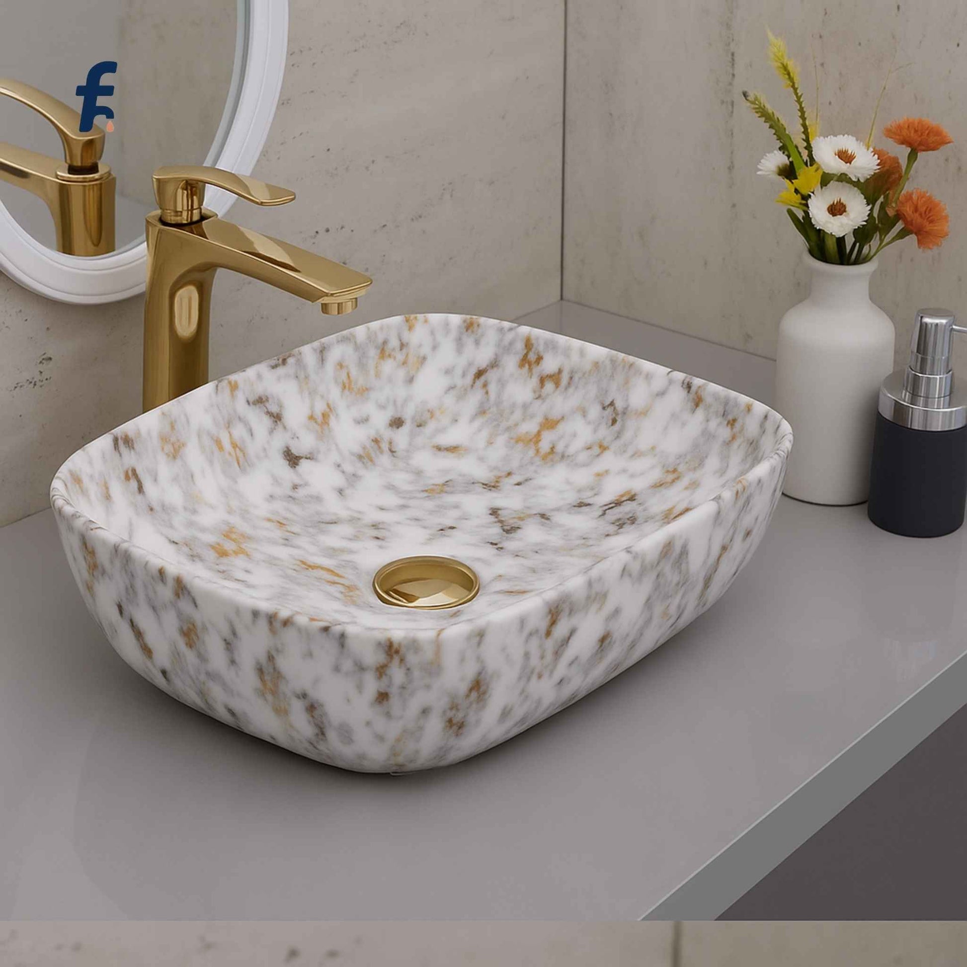 Marble-patterned sink with gold faucet in a bathroom setting, marble look wash basin affordable rectangular 18x13 bathroom