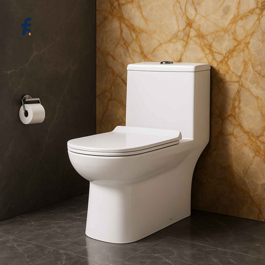 White toilet in a bathroom with marble walls and a roll of toilet paper.