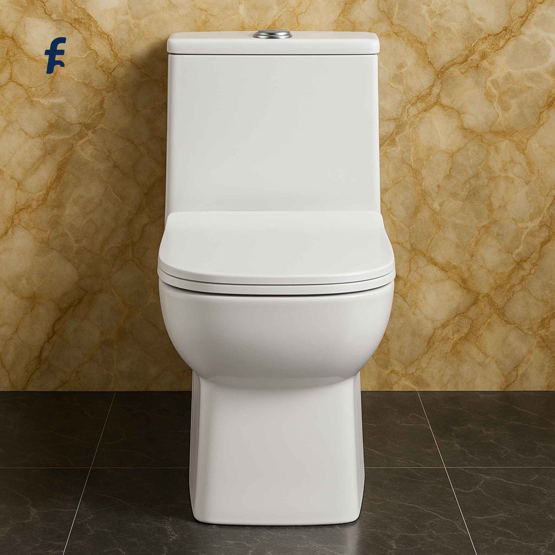 Cheap White toilet against a beige marble wall