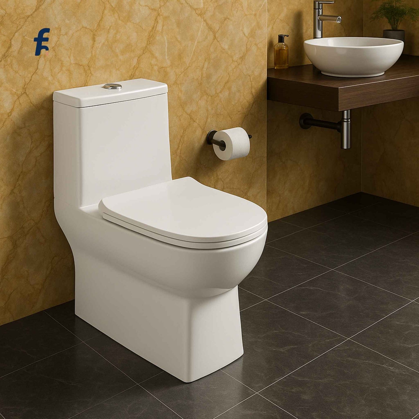 Bathroom with a white toilet, sink, and toiletries on a wooden shelf.