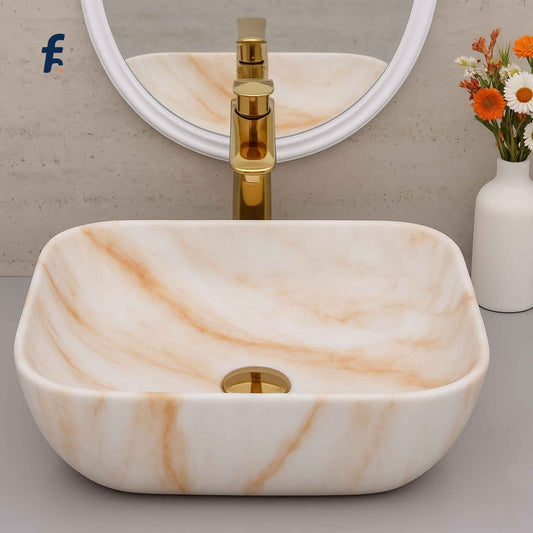 Marble-patterned sink with gold faucet and mirror in bathroom setting, Top view of golden vein ceramic wash basin – 18x13 table top sink for bathroom