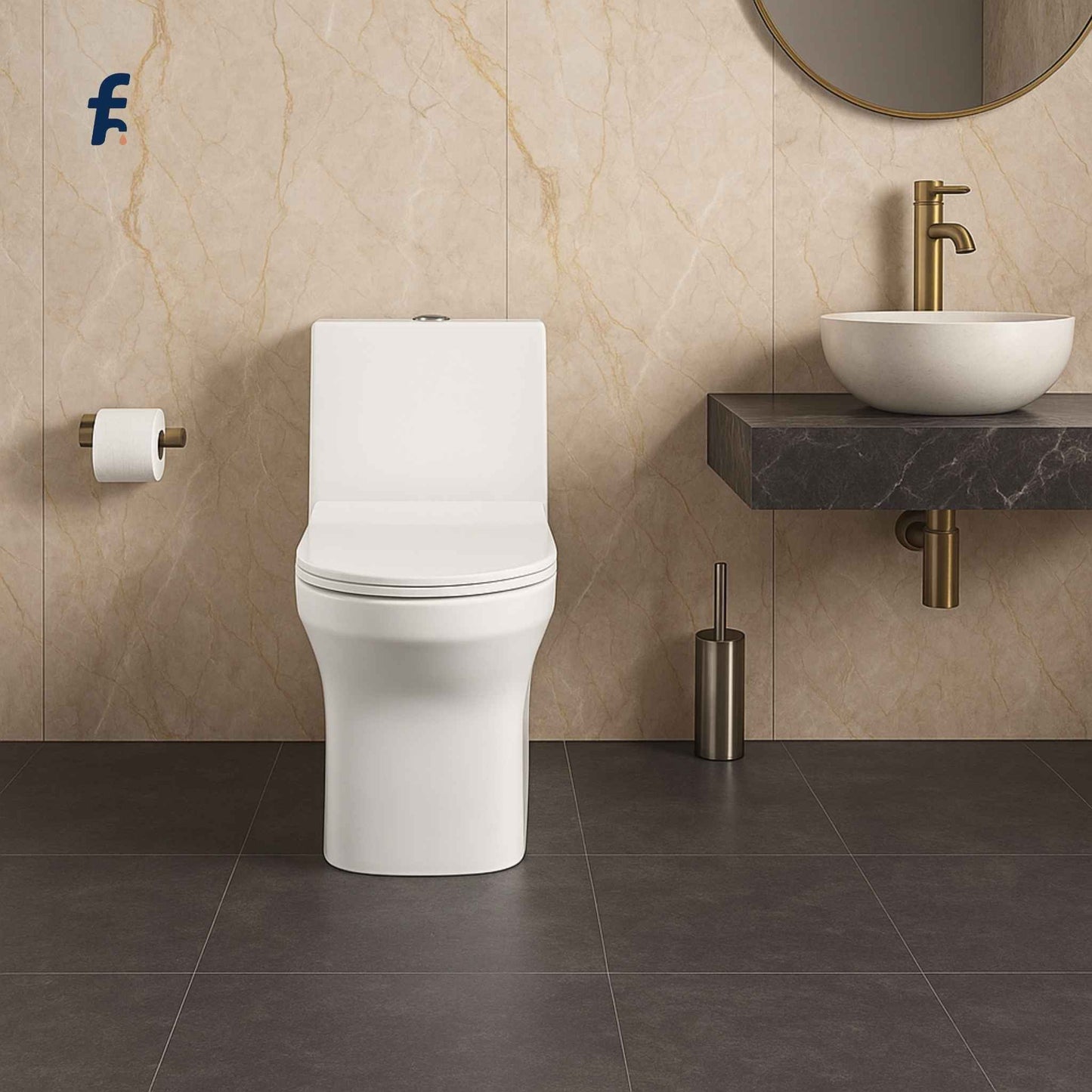 Full bathroom view with affordable modern toilet and vanity