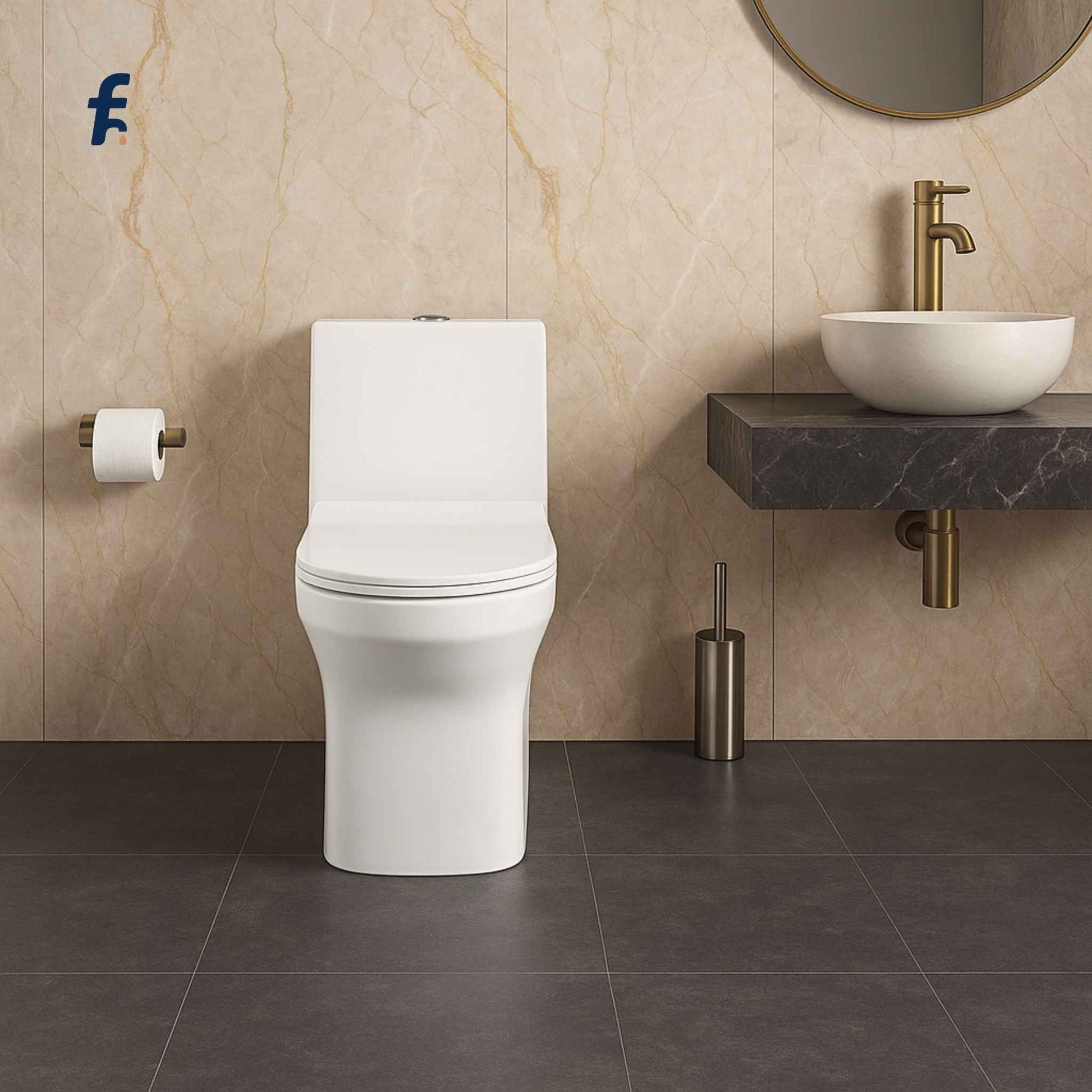Full bathroom view with affordable modern toilet and vanity